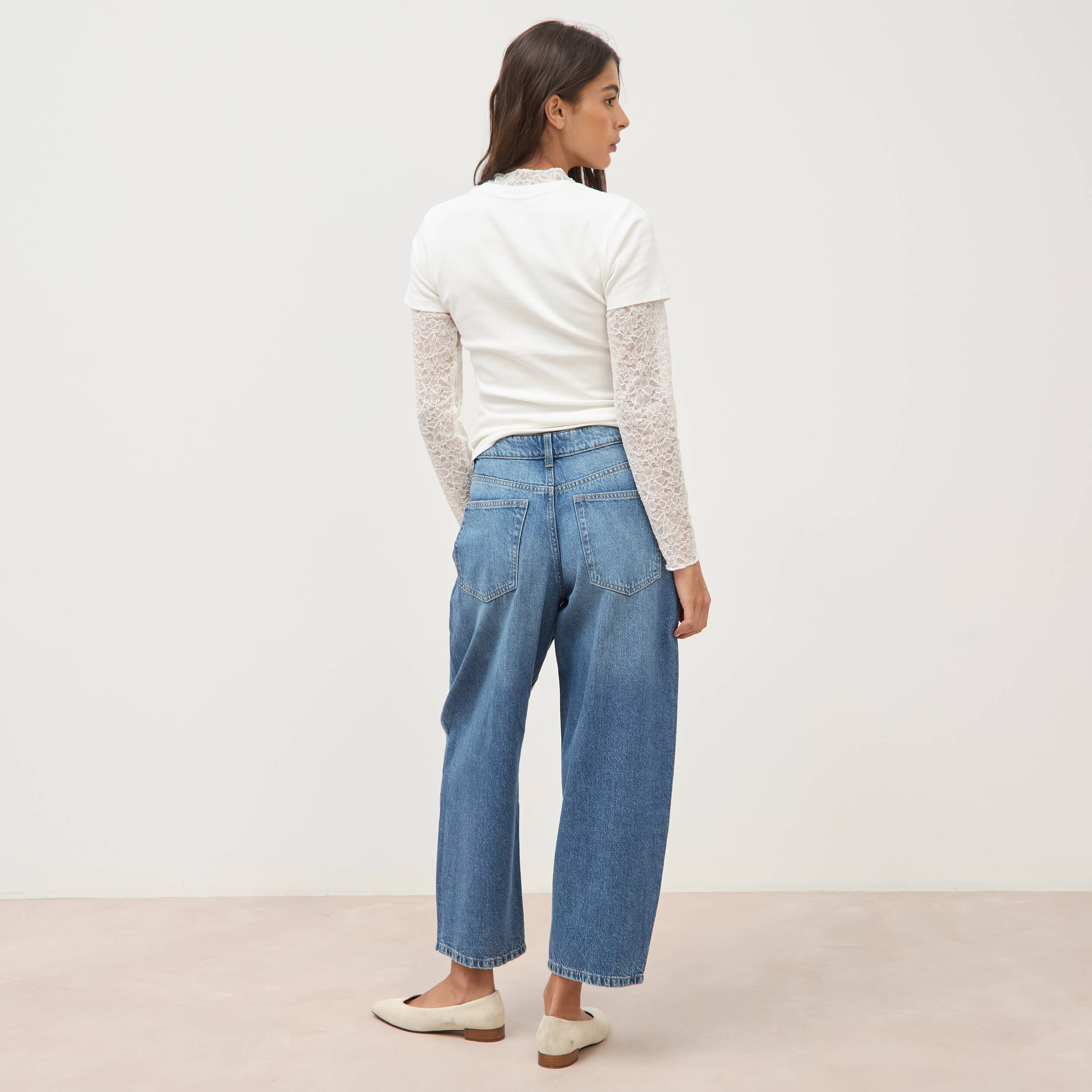 Jeans barrel 7/8&egrave;me taille standard denim used femme