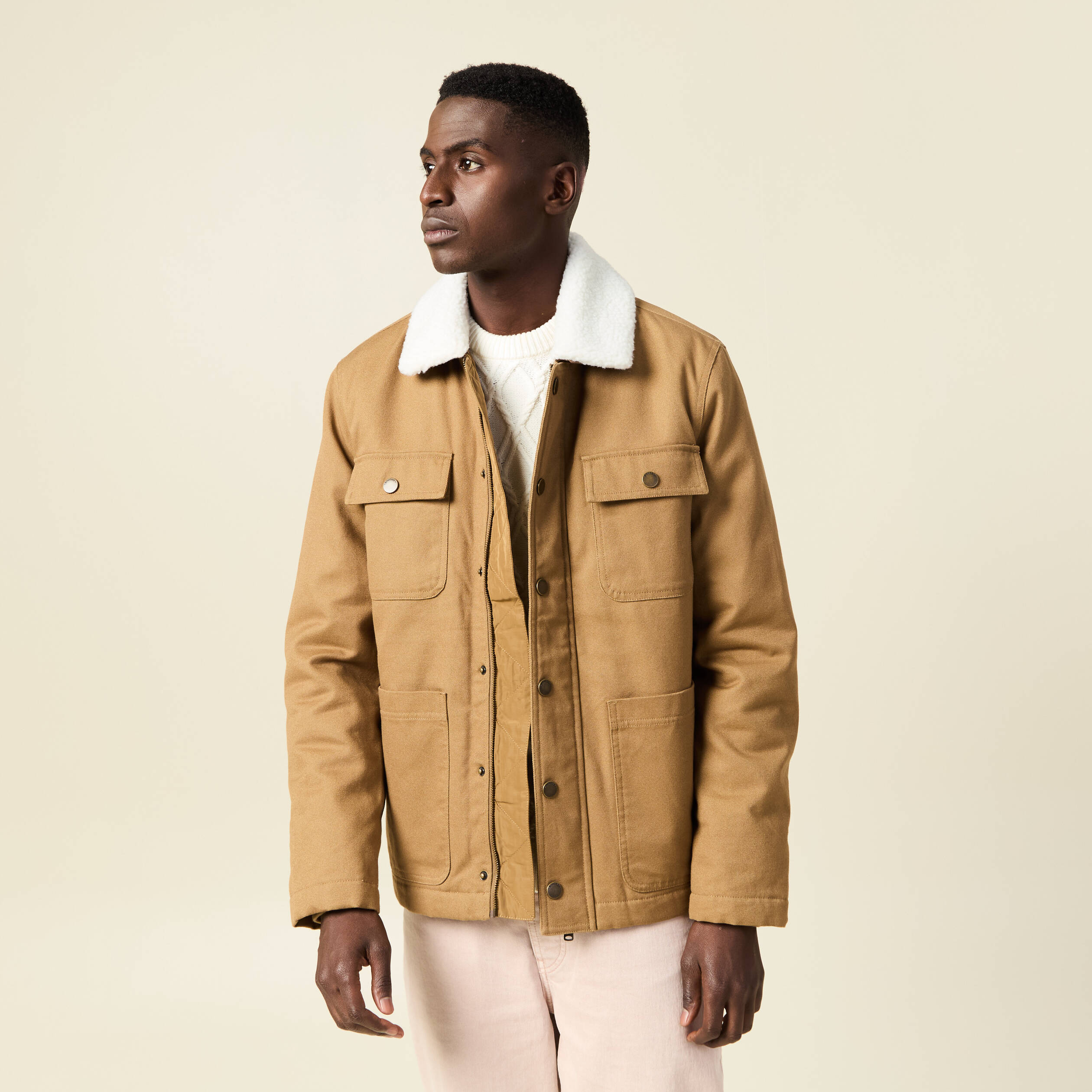 Blouson boutonn&eacute; col aviateur vert kaki homme