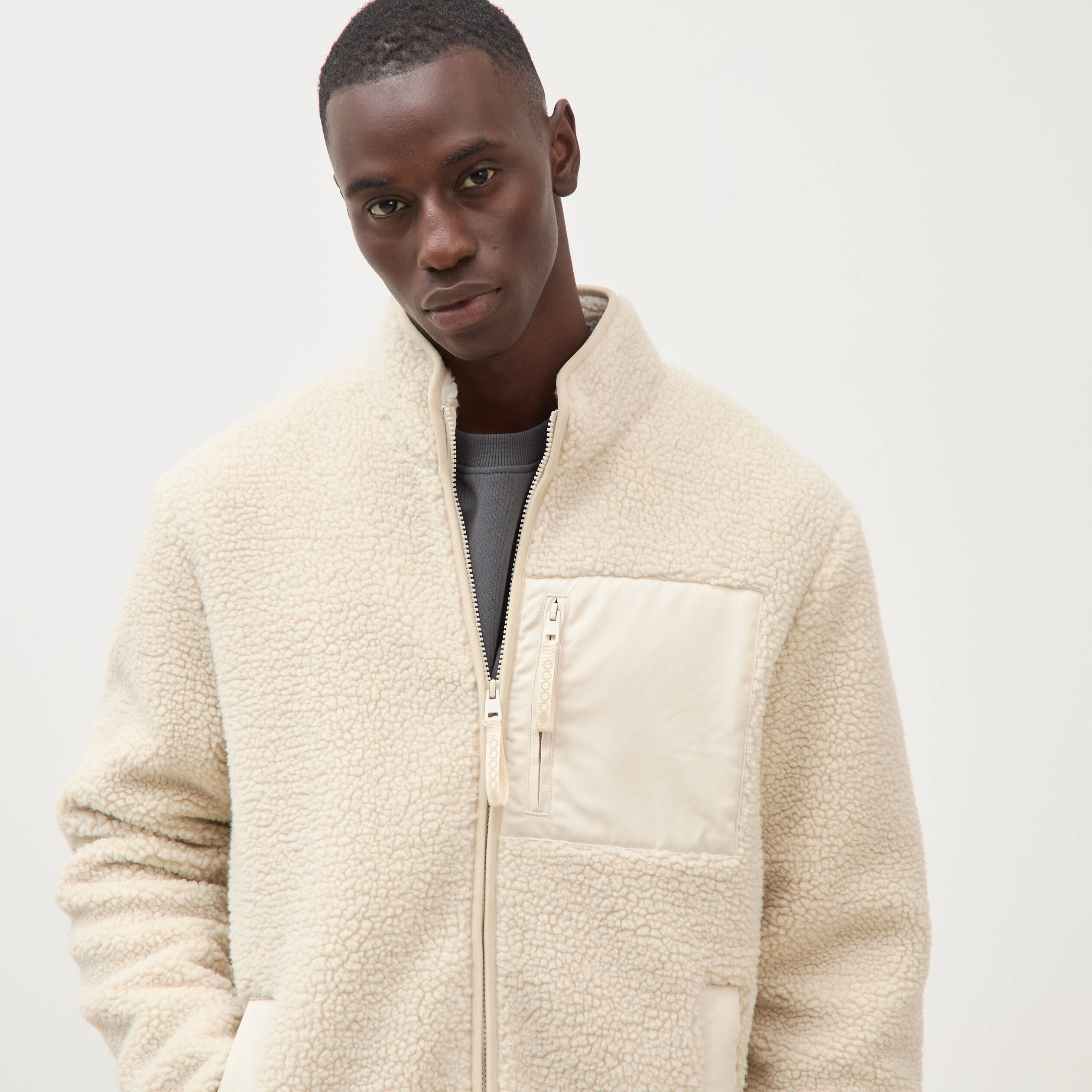 Veste droite sherpa col montant sable homme