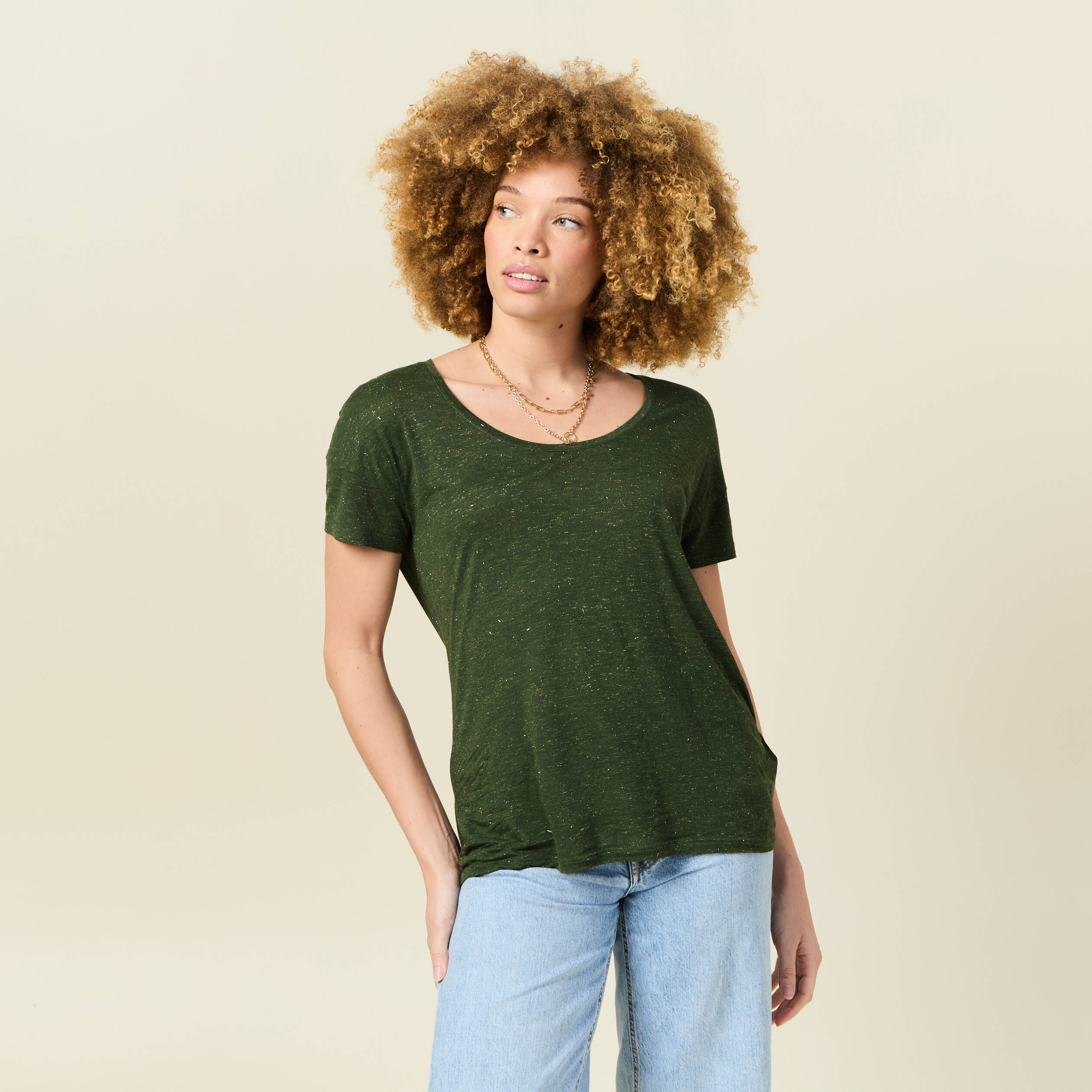 t shirt manches courtes brillant vert kaki femme T-shirt manches courtes brillant vert kaki femme
