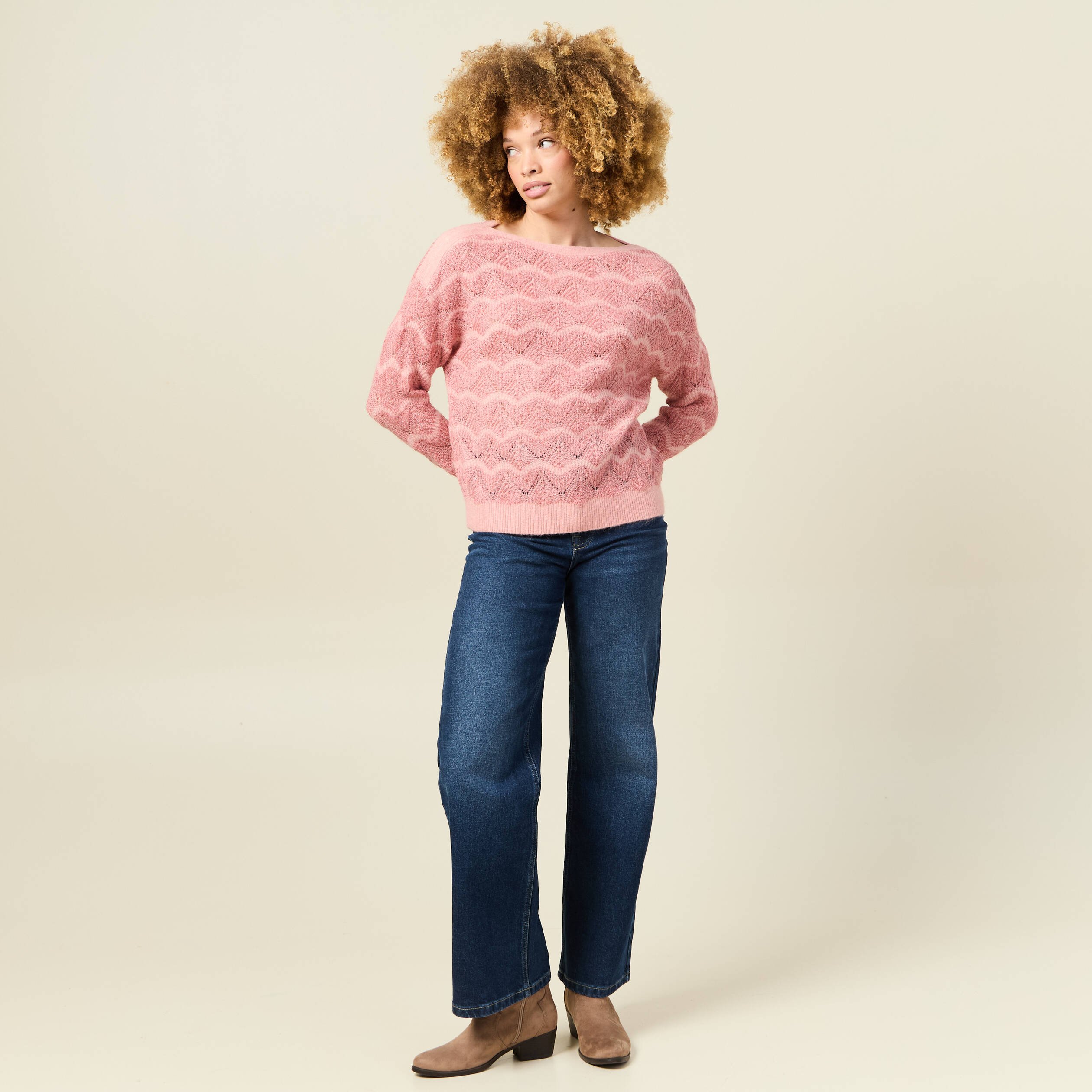 Pull manches longues ajouré rose saumon femme