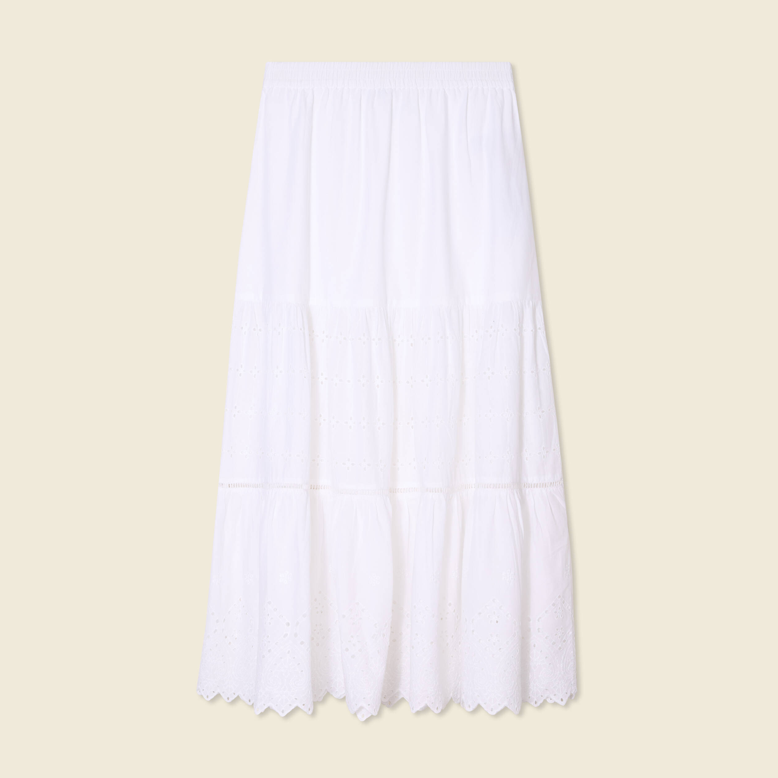 Jupe longue droite brodée ecru femme