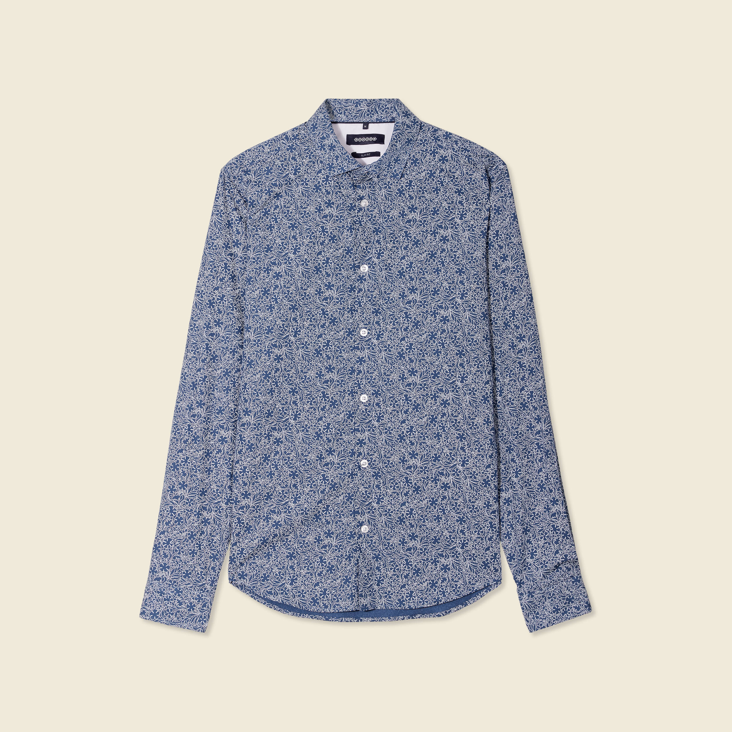 Chemise cintr&eacute;e en coton manches longues bleu marine homme