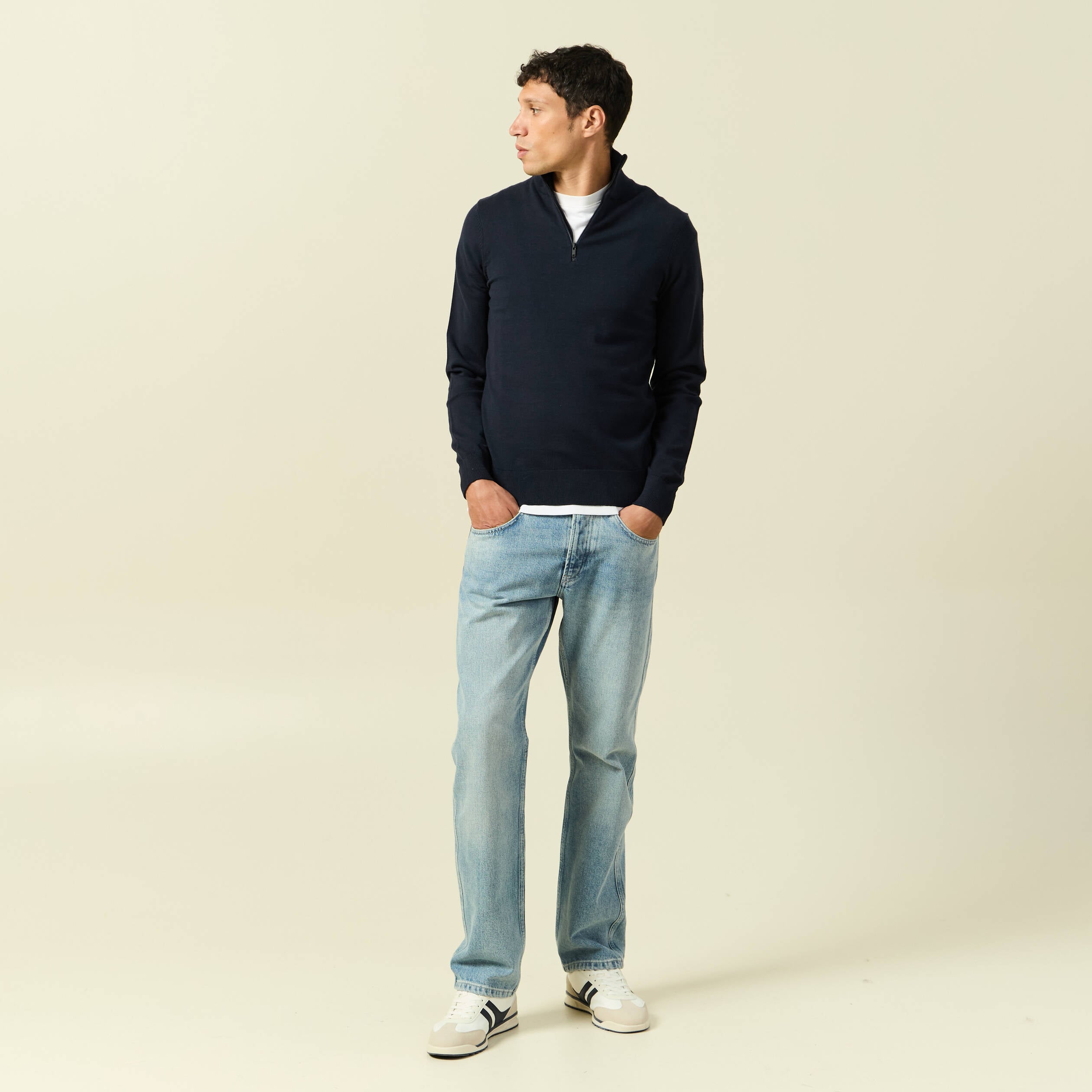 Pull fin col camionneur manches longues bleu marine homme
