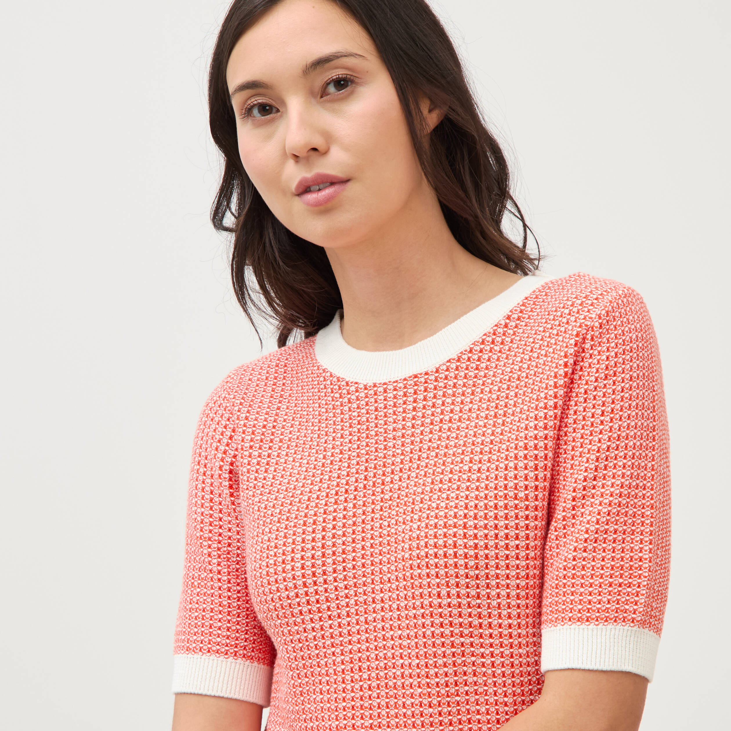 Pull droit court manches courtes orange fonc&eacute; femme