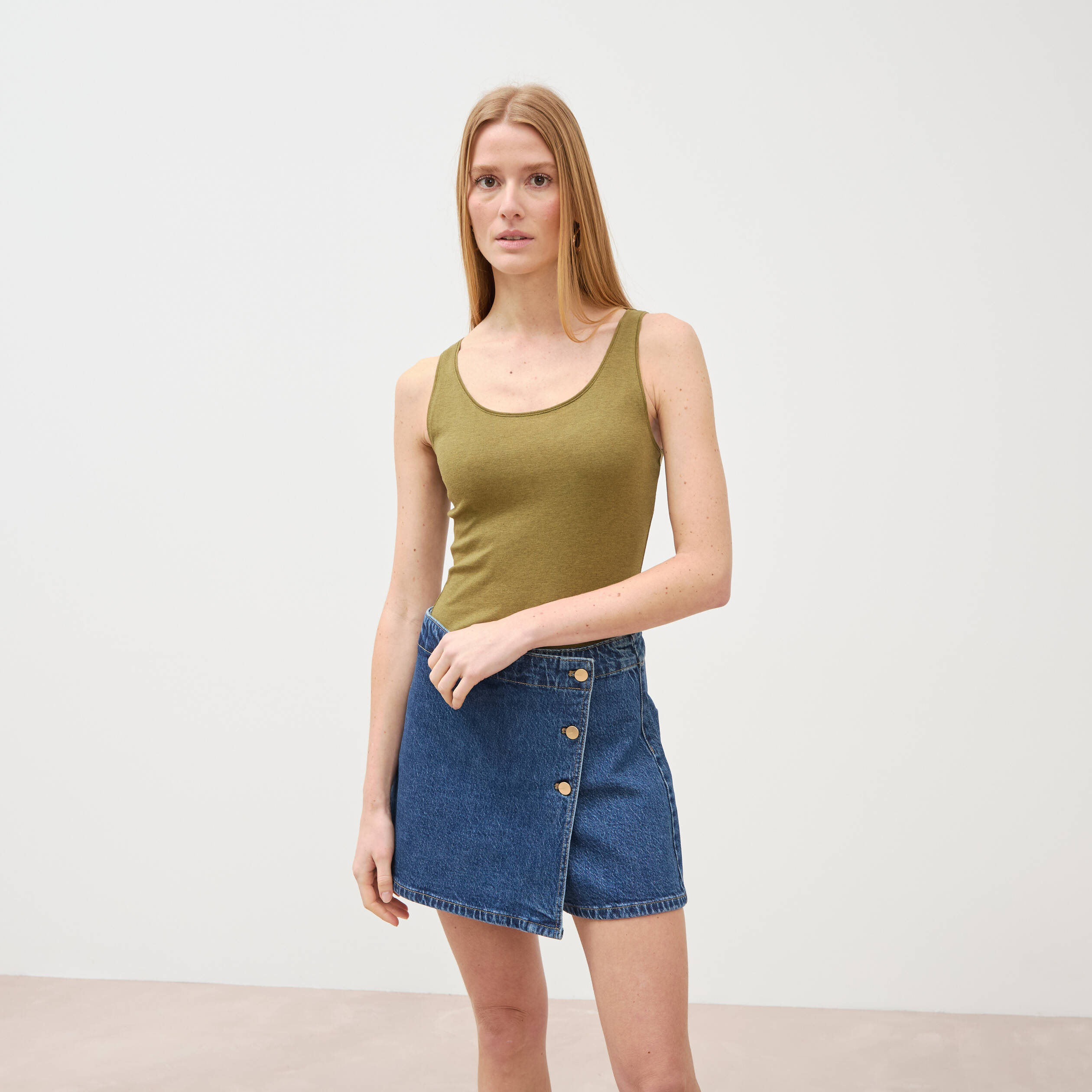 Jupe-short taille haute en jeans denim stone femme