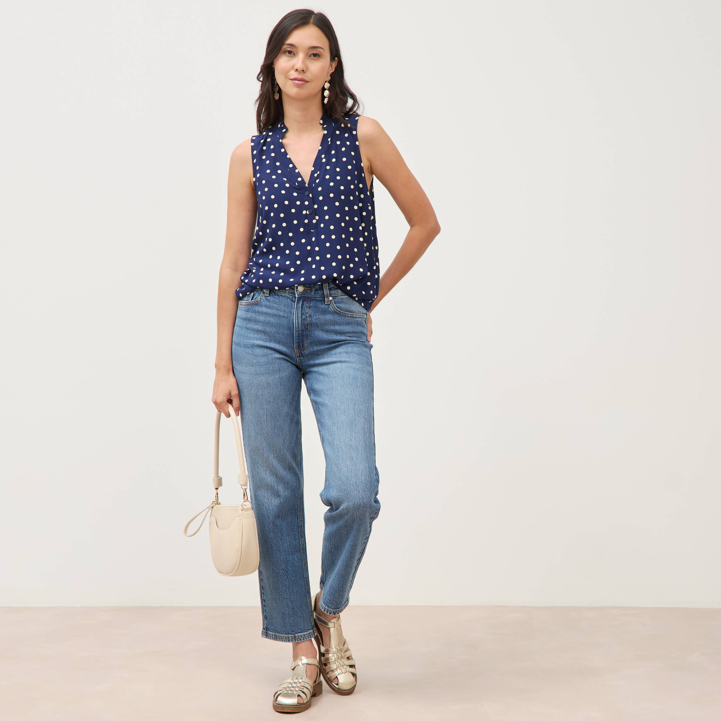 Top sans manches col v fluide bleu femme
