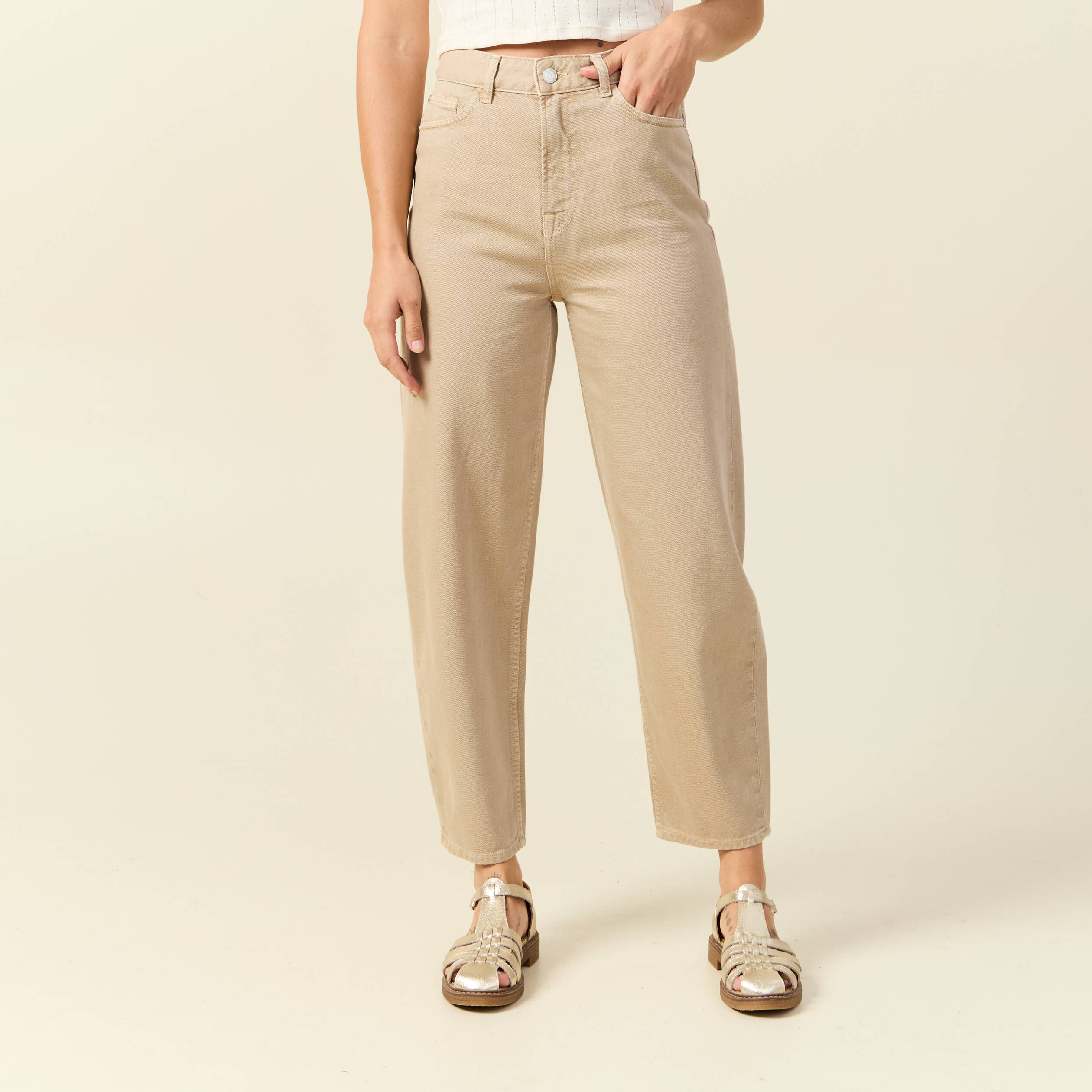 jeans slouchy taille haute en coton beige femme Jeans slouchy taille haute en coton beige femme