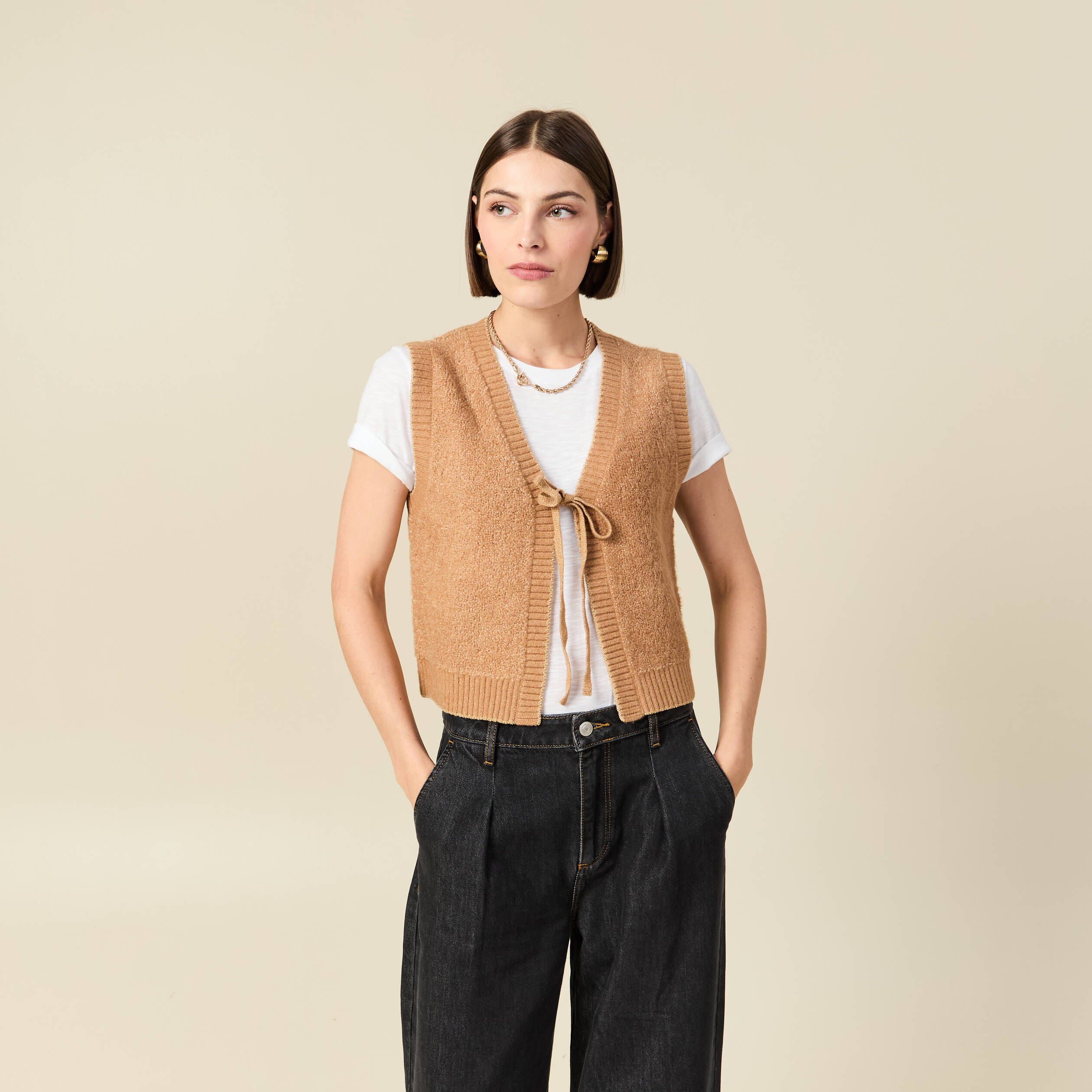 Gilet sherpa droit sans manches beige femme