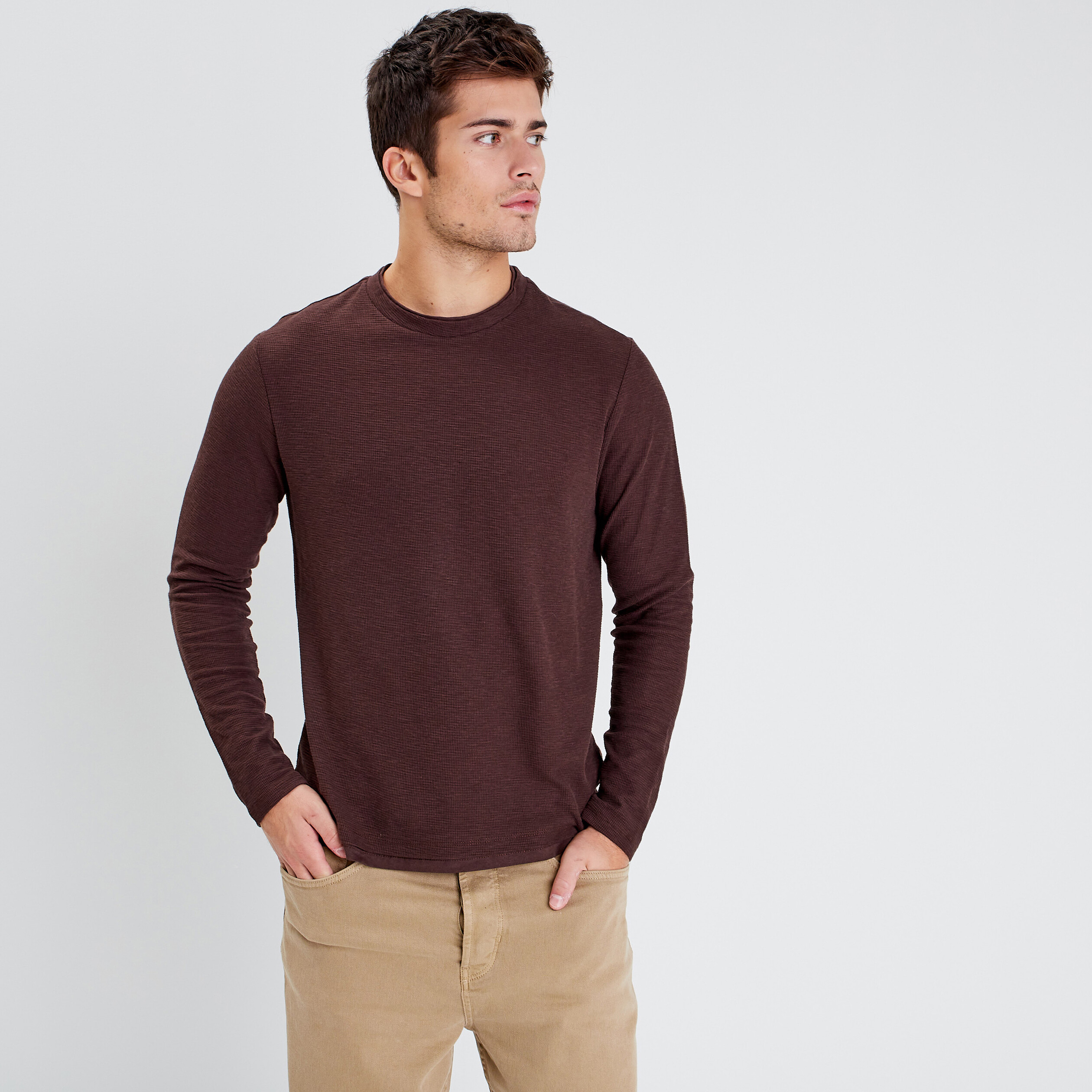 T shirt manches longues marron fonc homme