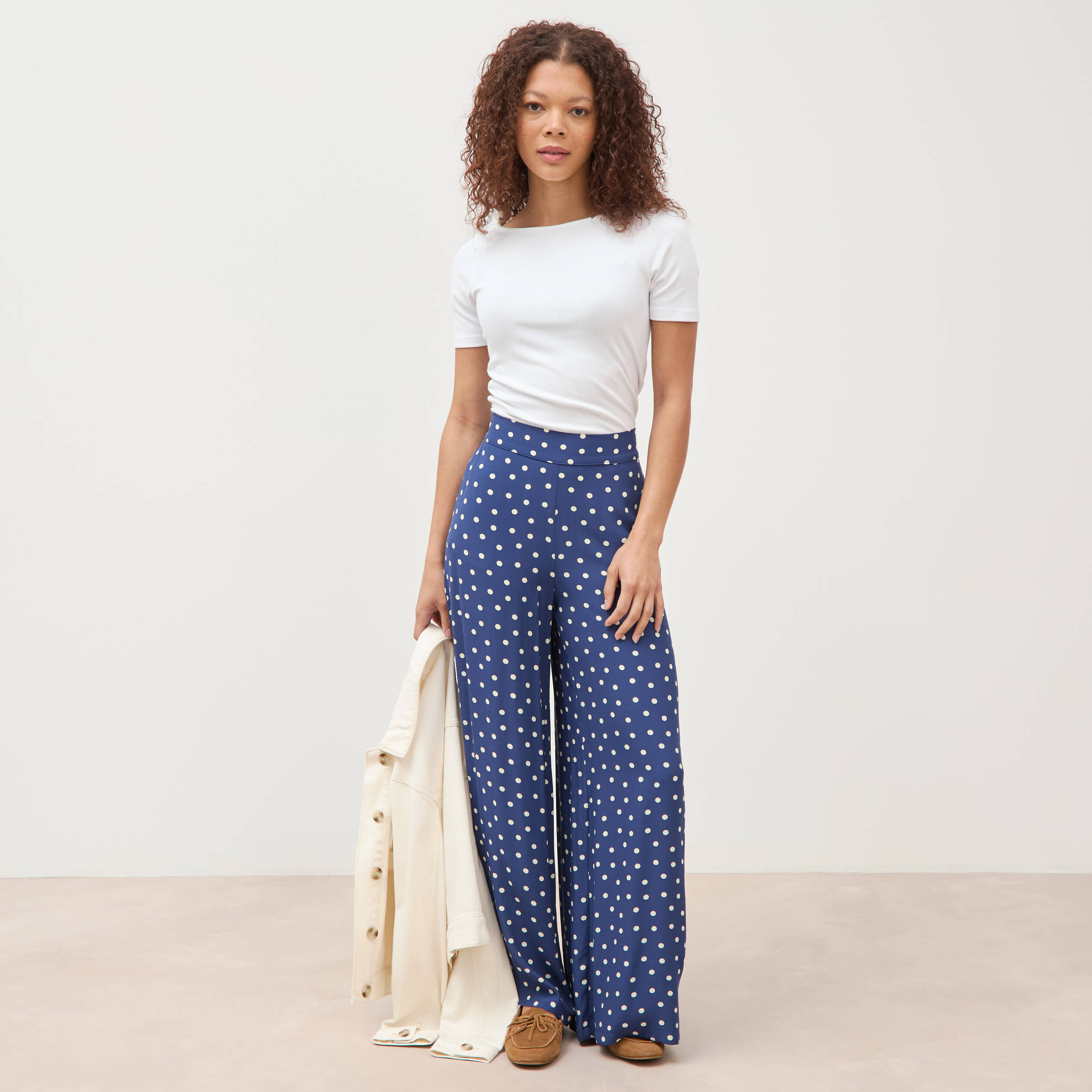 Pantalon large taille haute bleu marine femme
