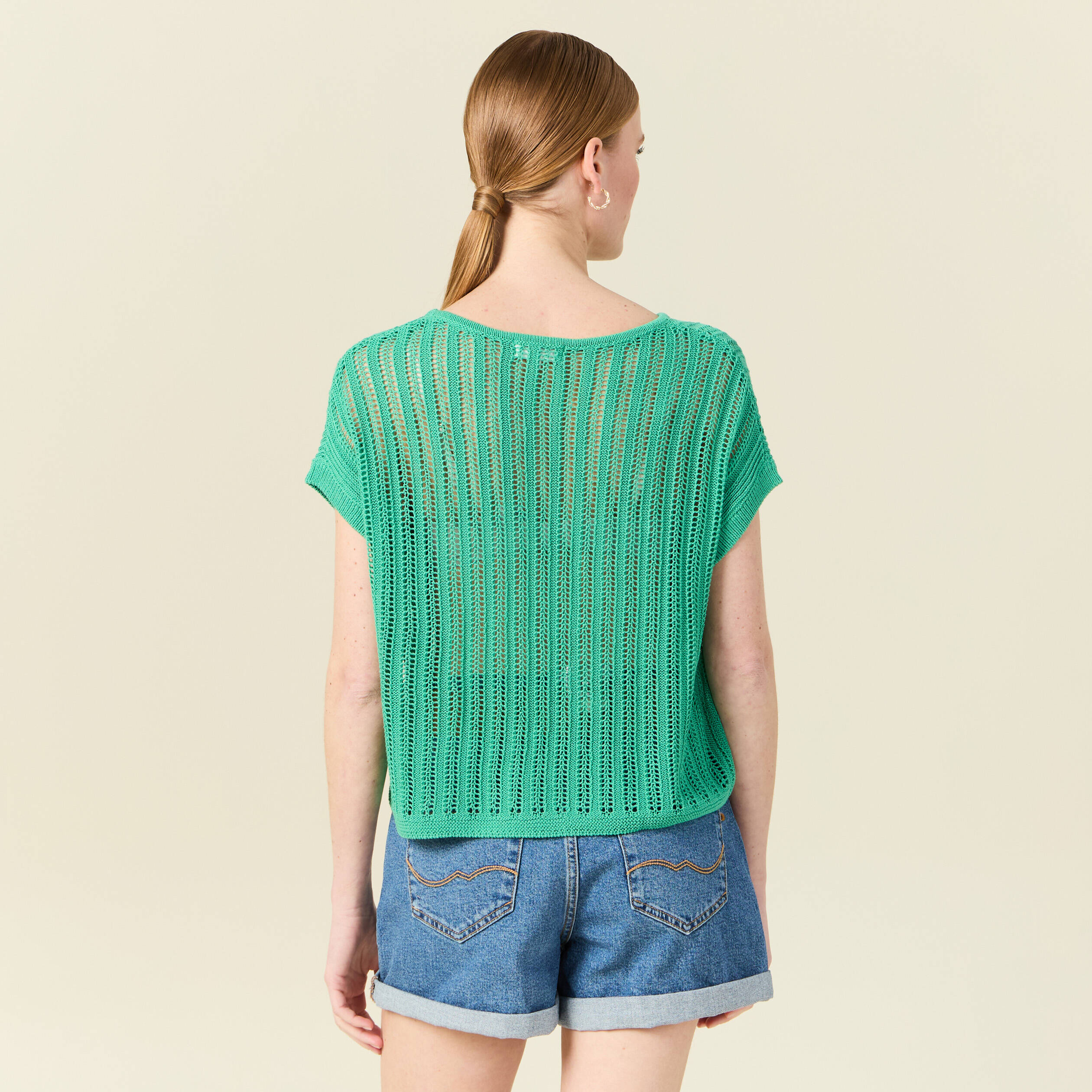 Pull oversize ajour&eacute; col bateau vert menthe femme