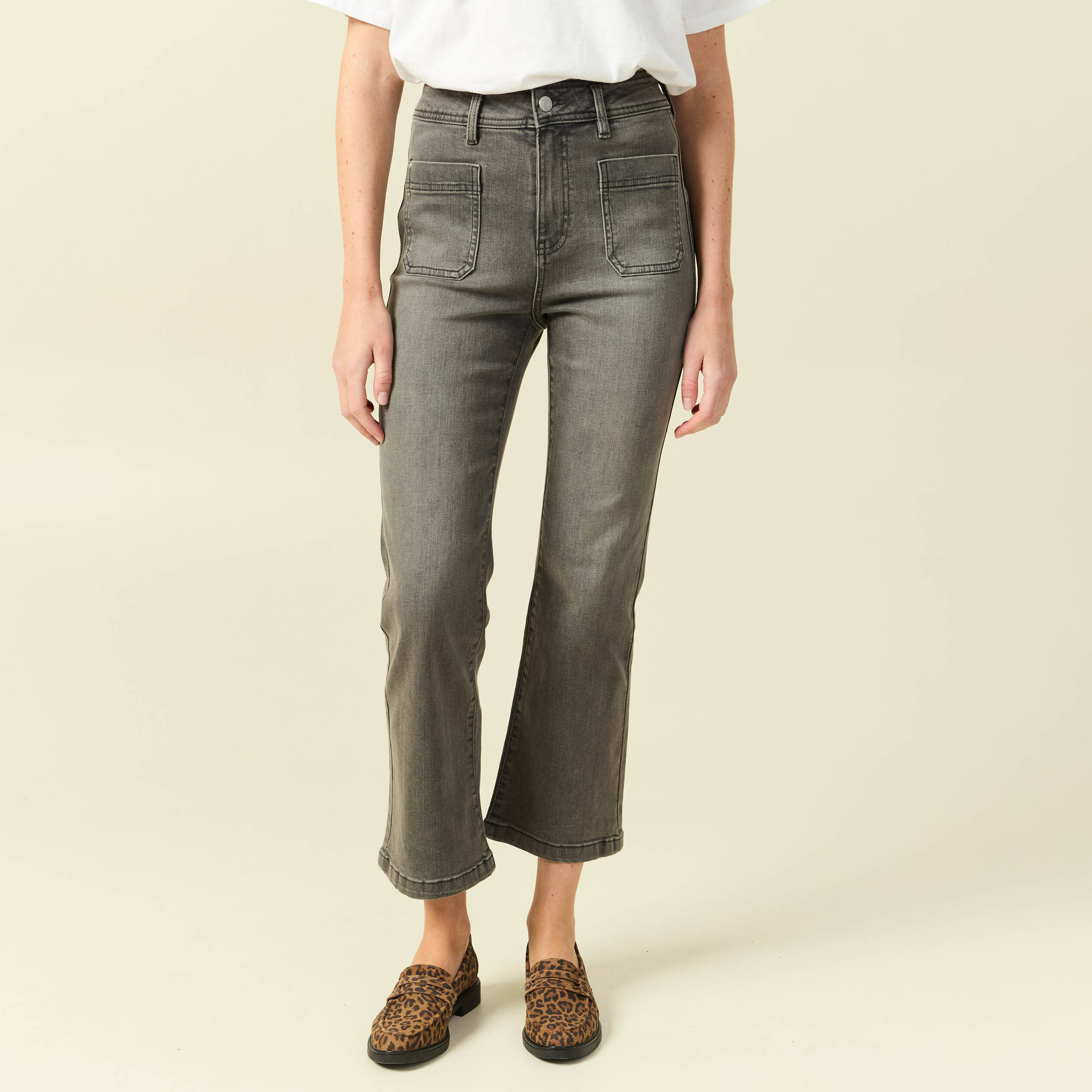 Jeans bootcut cropped taille haute denim gris femme