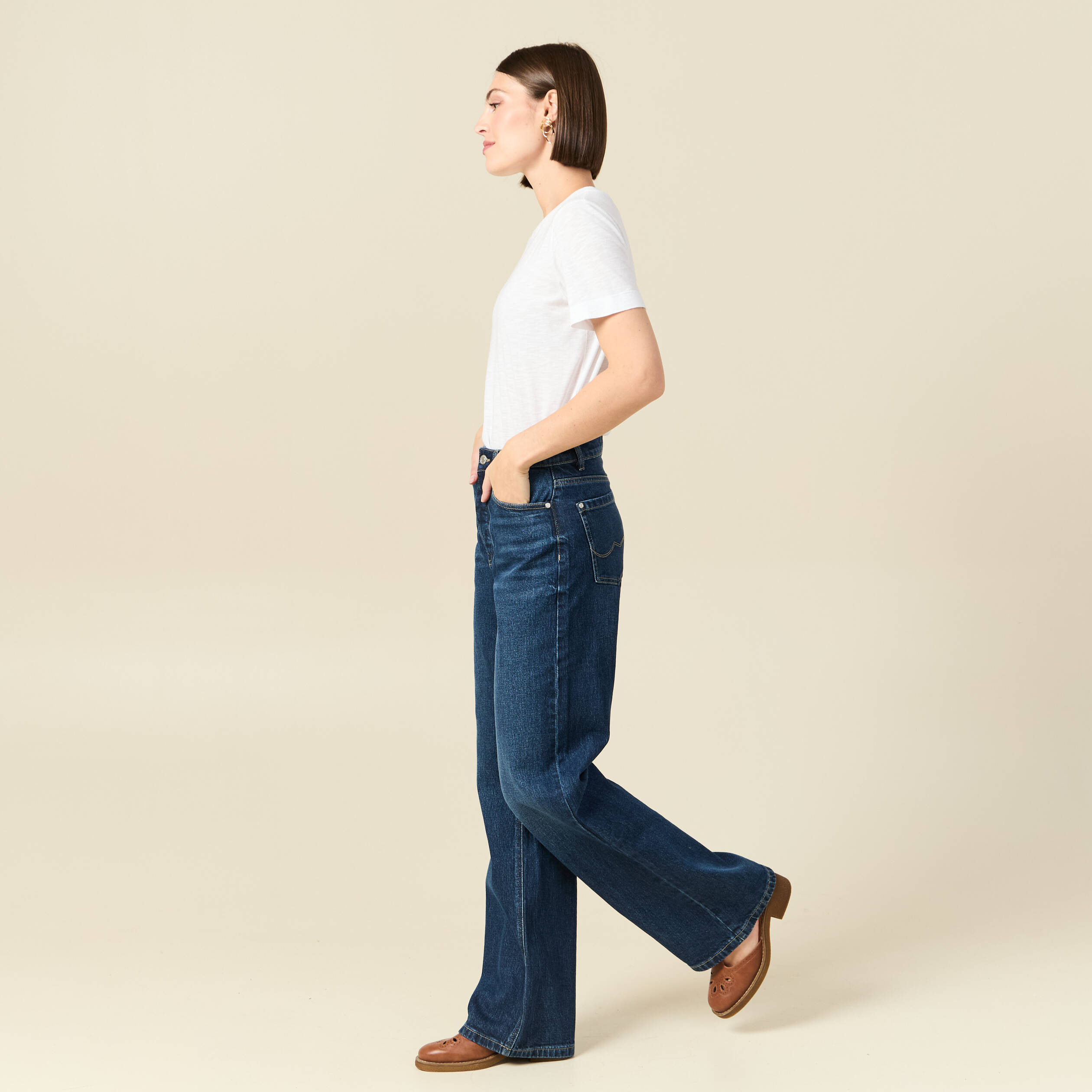 Jeans large taille haute denim brut femme