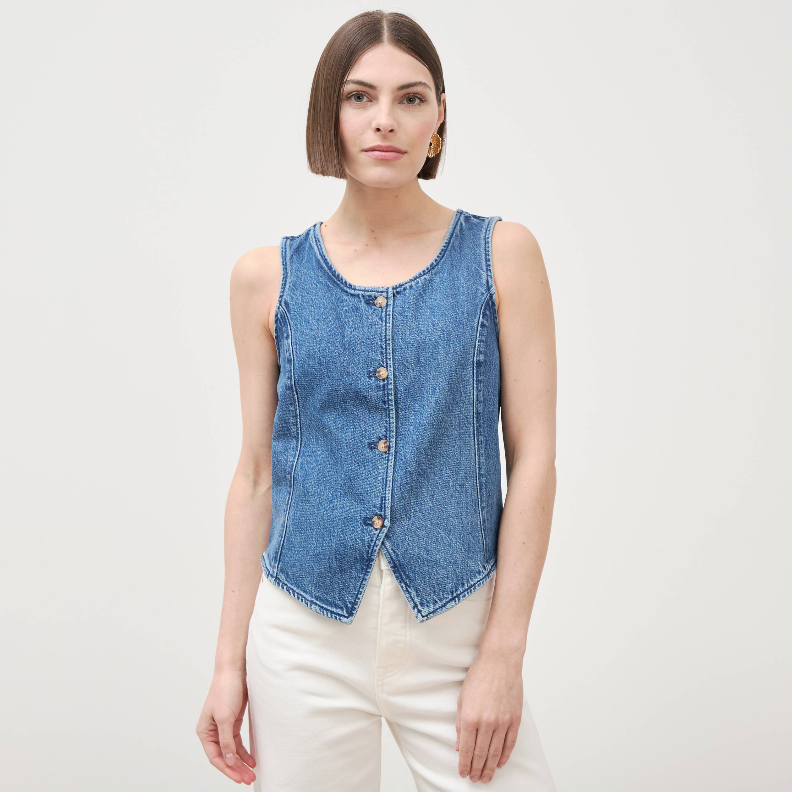 Gilet en jeans sans manches col rond denim used femme