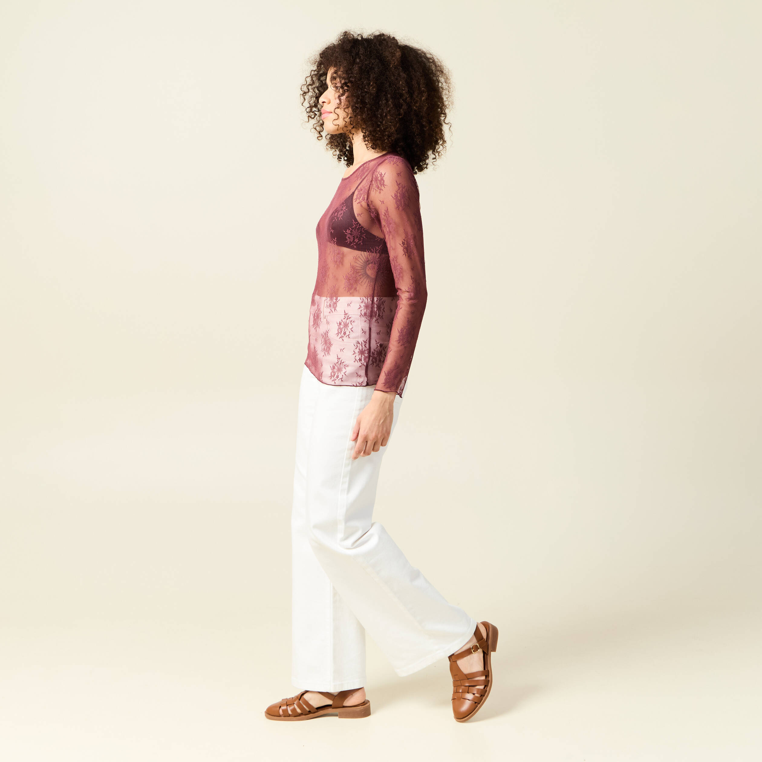 T-shirt ajust&eacute; manches longues col rond bordeaux femme