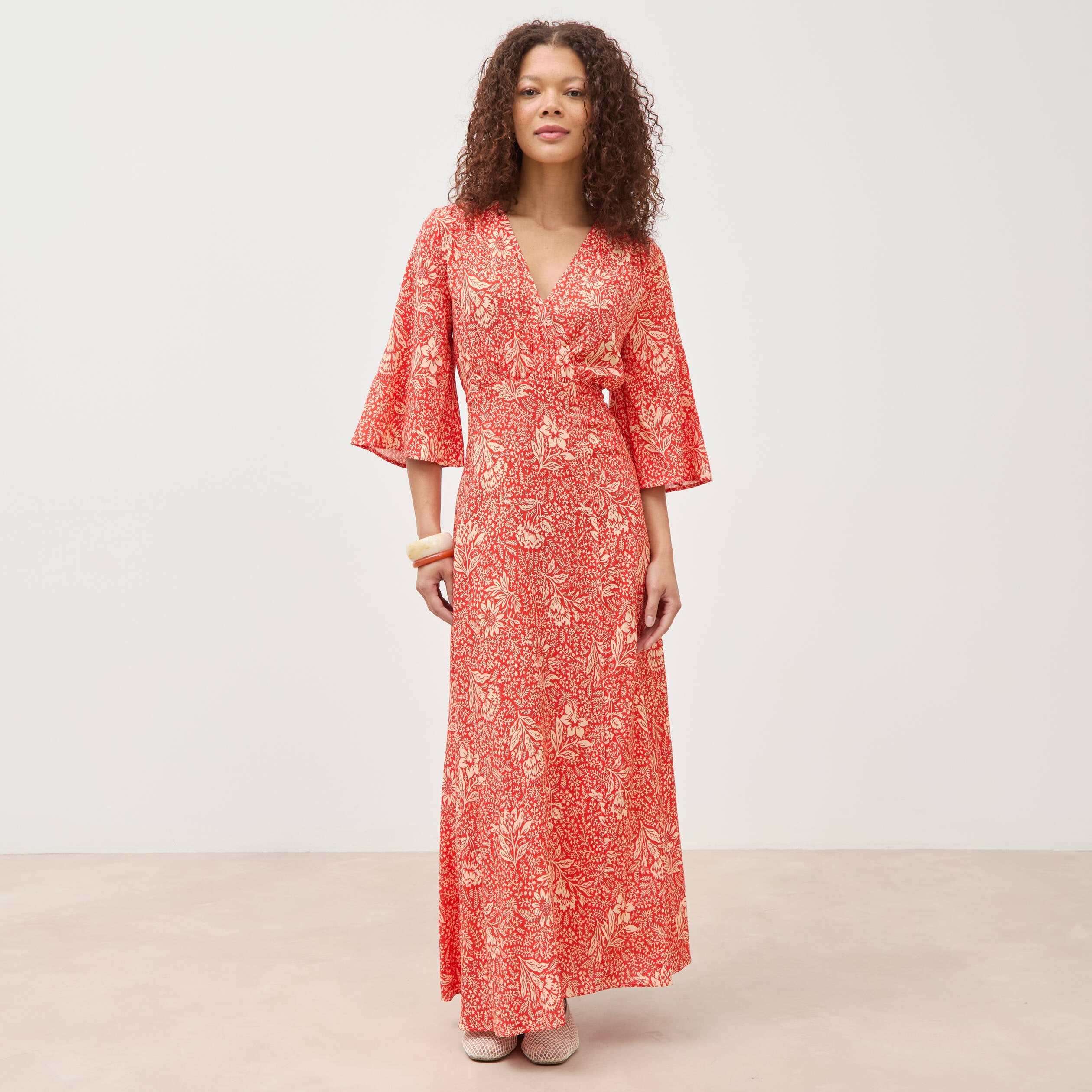 Robe col v manches longues rouge corail femme