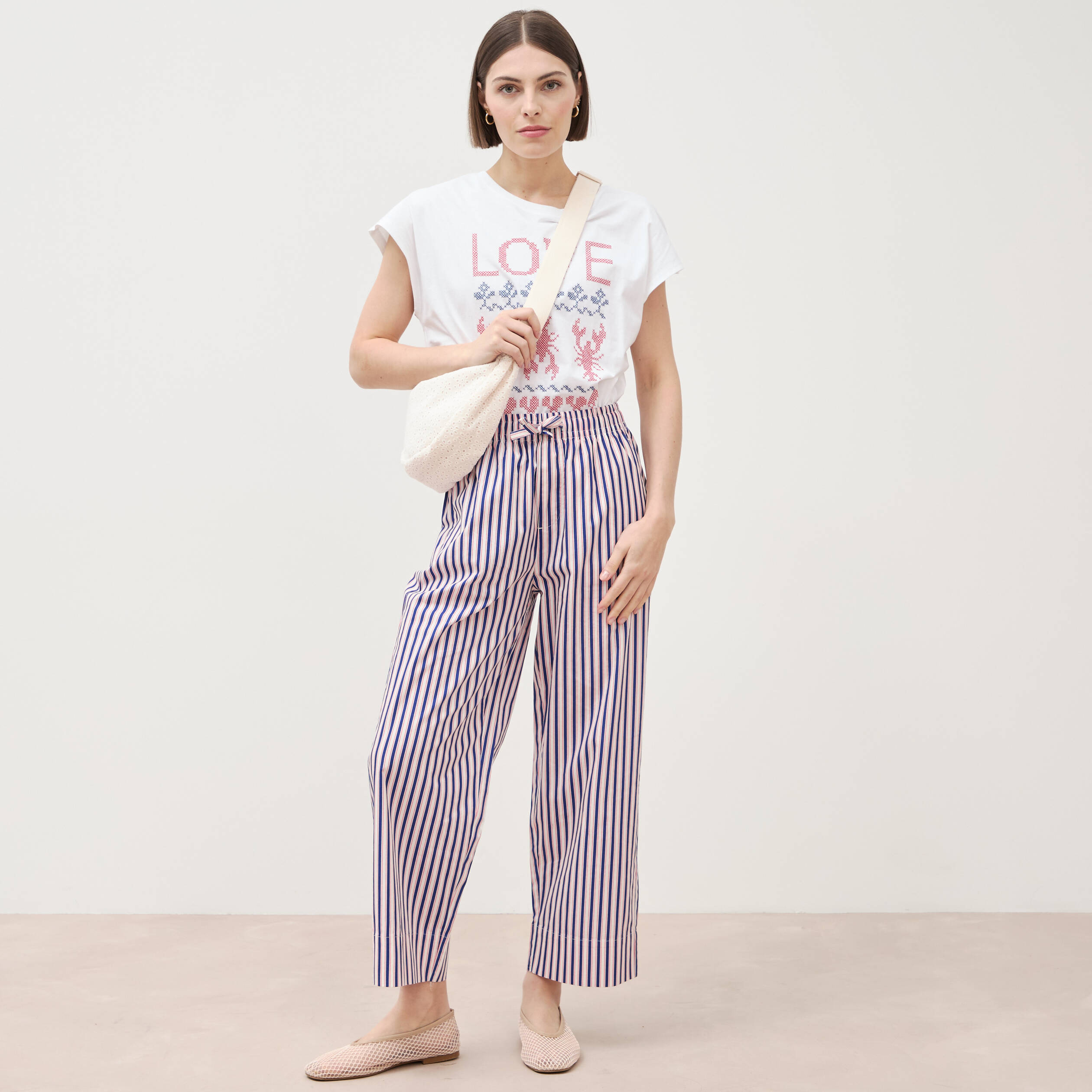 Pantalon large taille haute en coton blanc femme