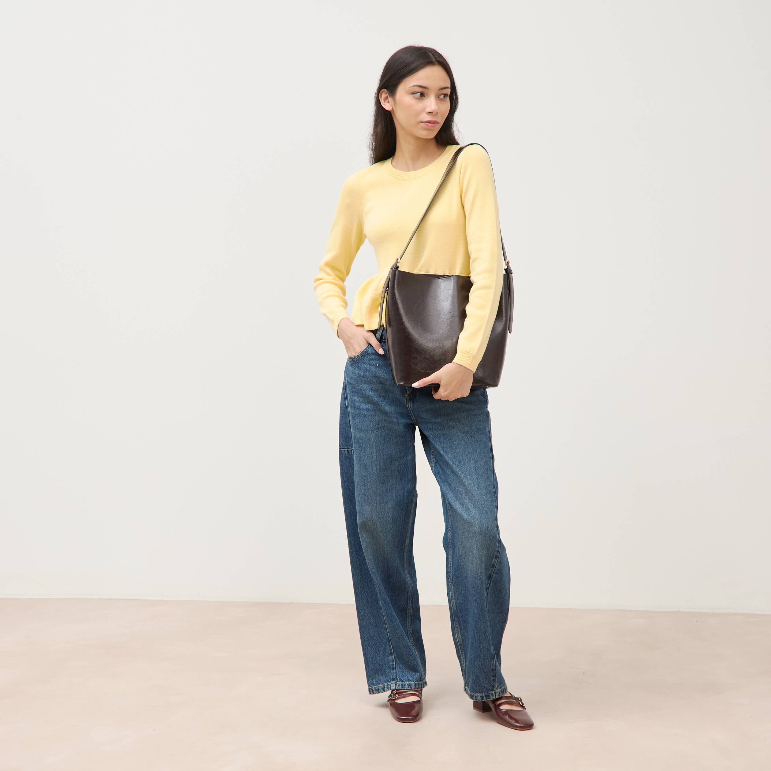 Pull col rond manches longues jaune clair femme