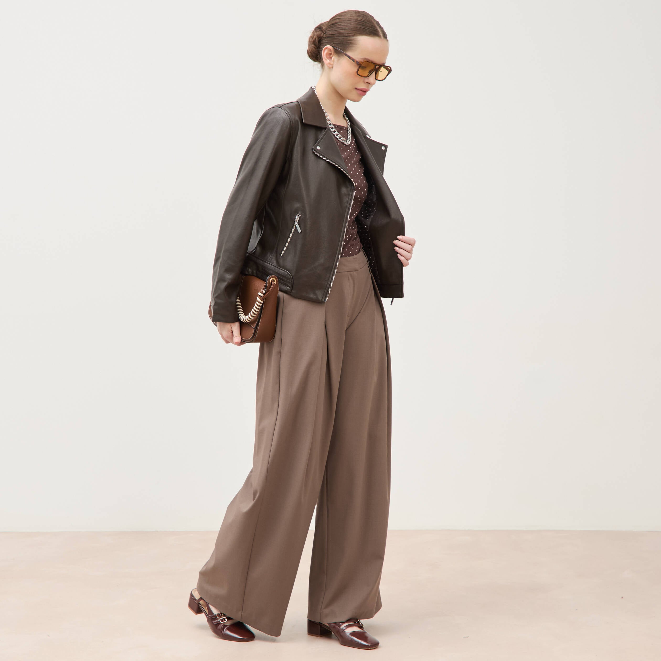 Perfecto manches longues similicuir marron fonc&eacute; femme