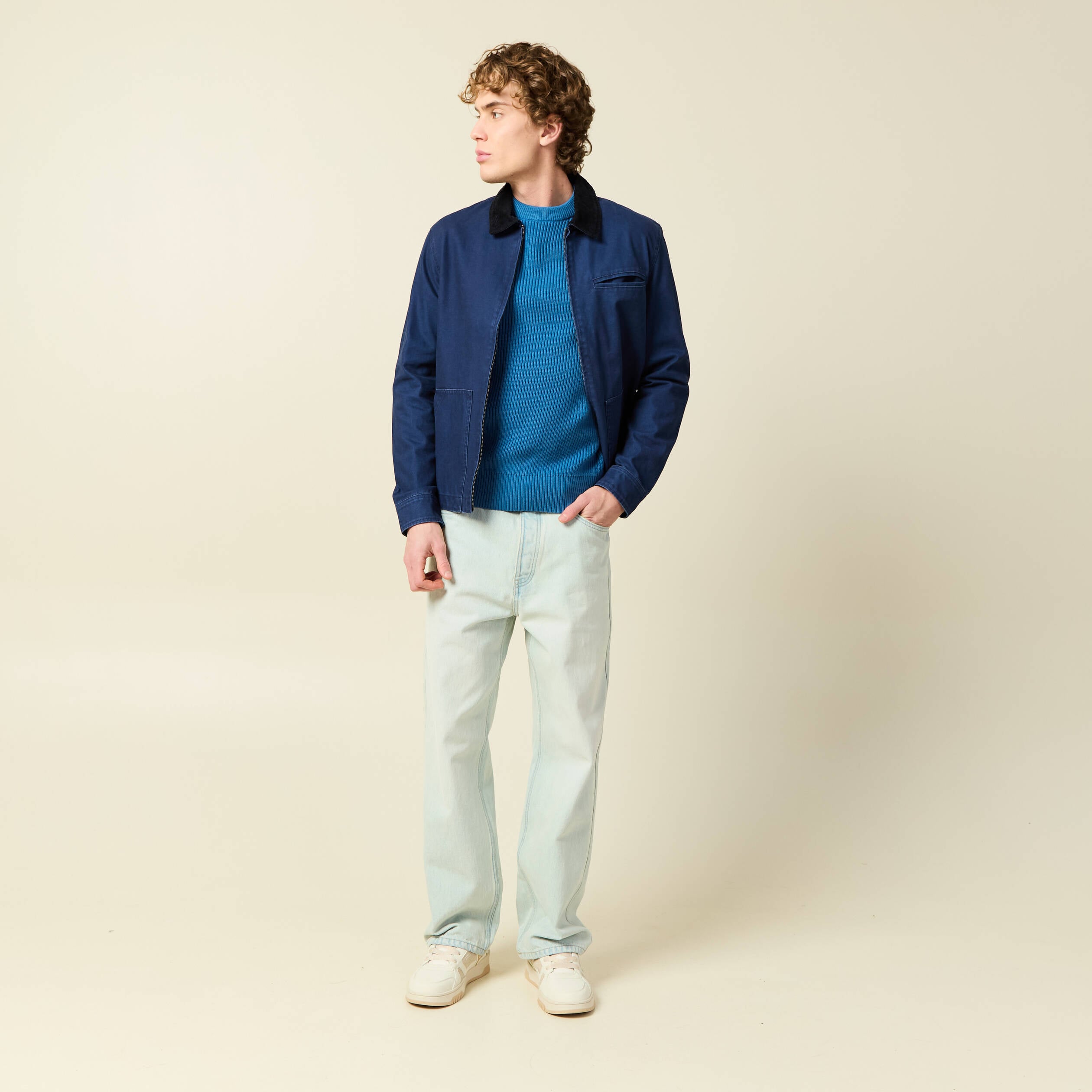Pull fin manches longues col rond bleu fonc&eacute; homme