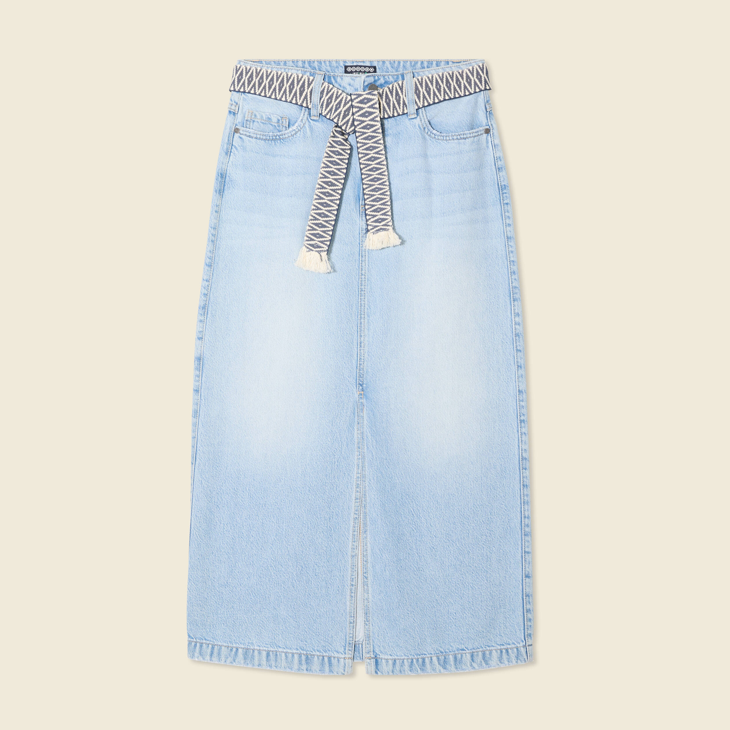 Jupe longue droite en jean denim bleach femme