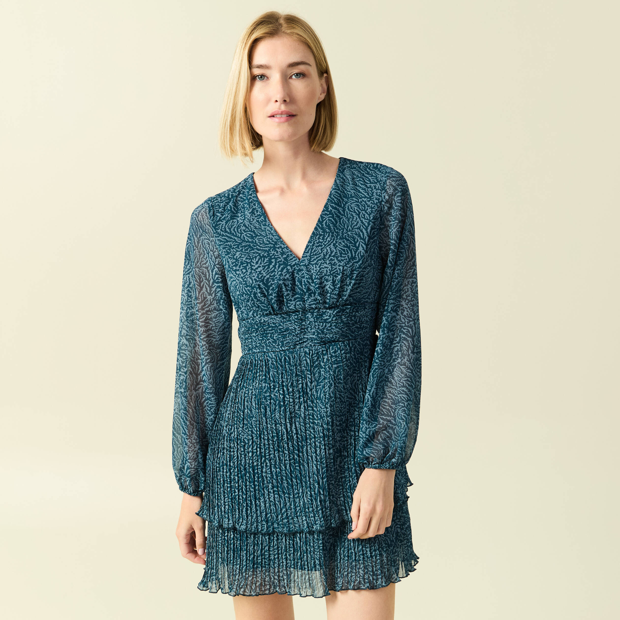 Robe &eacute;vas&eacute;e bas pliss&eacute; bleu canard femme