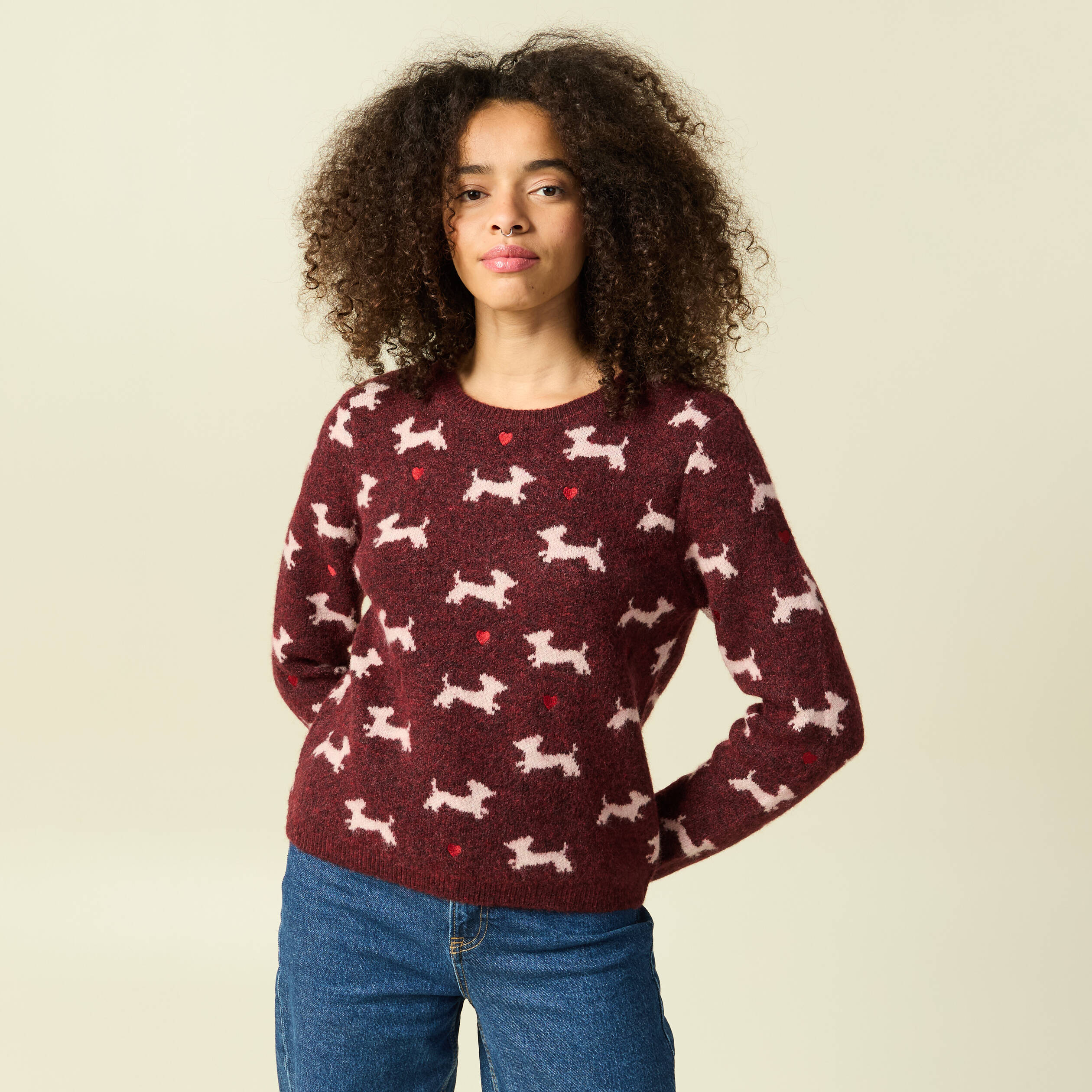 Pull de no&euml;l col rond manches longues prune femme
