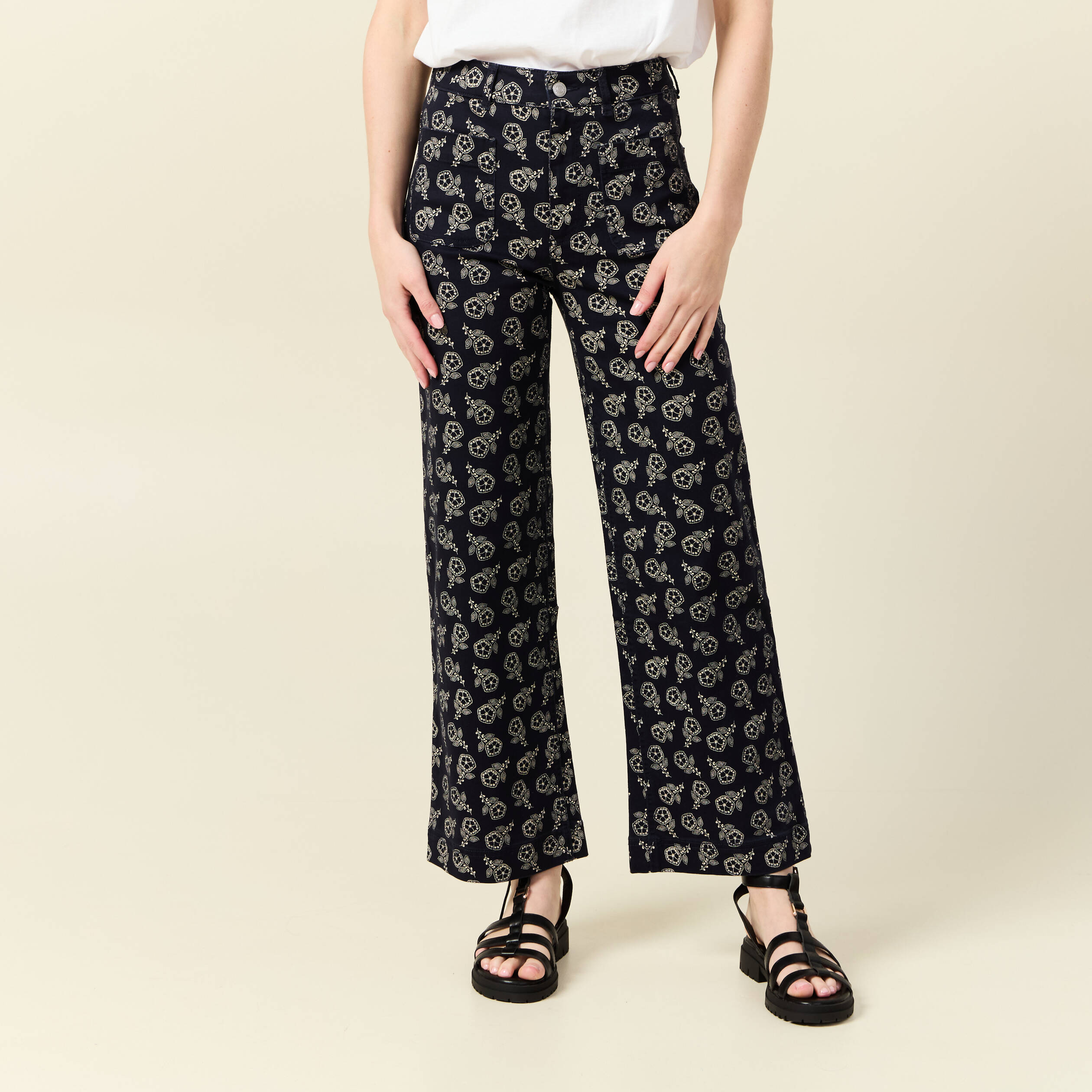 pantalon large cropped taille haute bleu marine femme Pantalon large cropped taille haute bleu marine femme