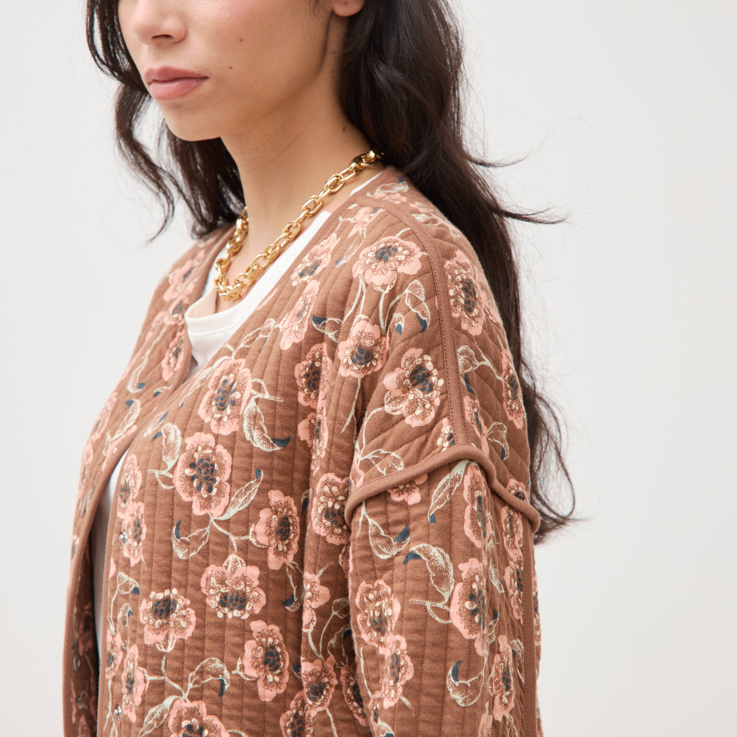 Veste droite manches longues col rond camel femme