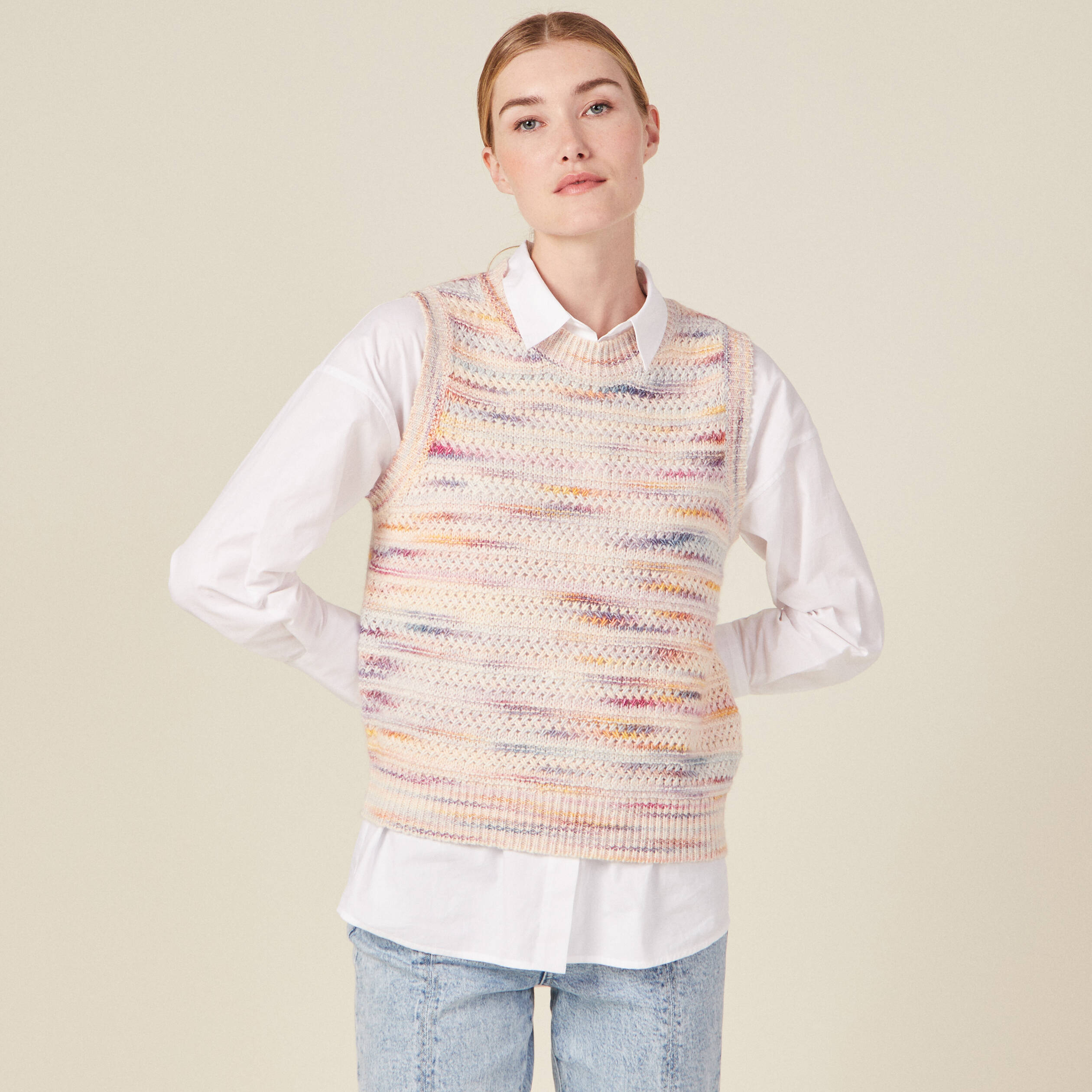 pull sans manches ajoure creme femme Pull sans manches ajouré creme femme