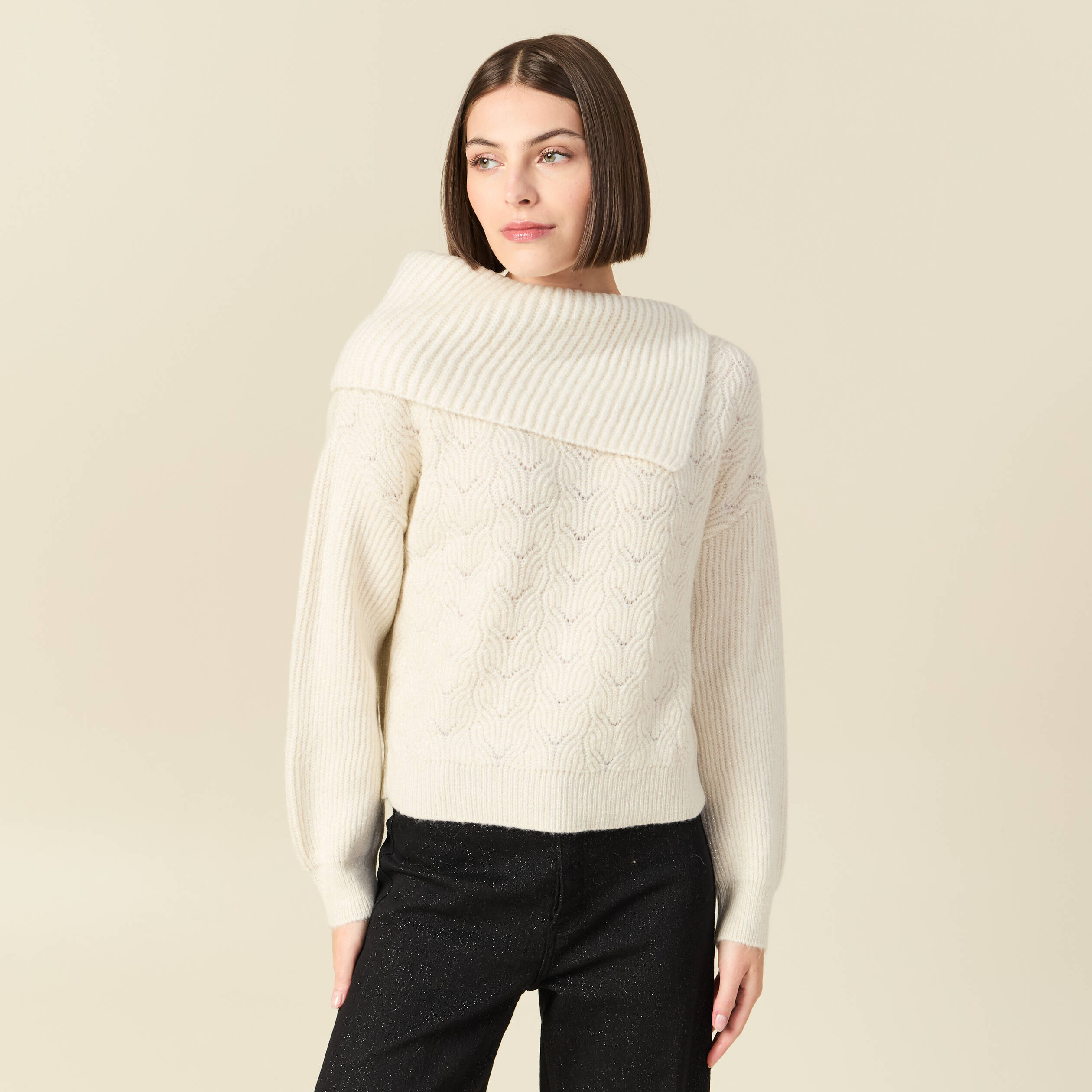 Pull ajour&eacute; manches longues bardot ecru femme