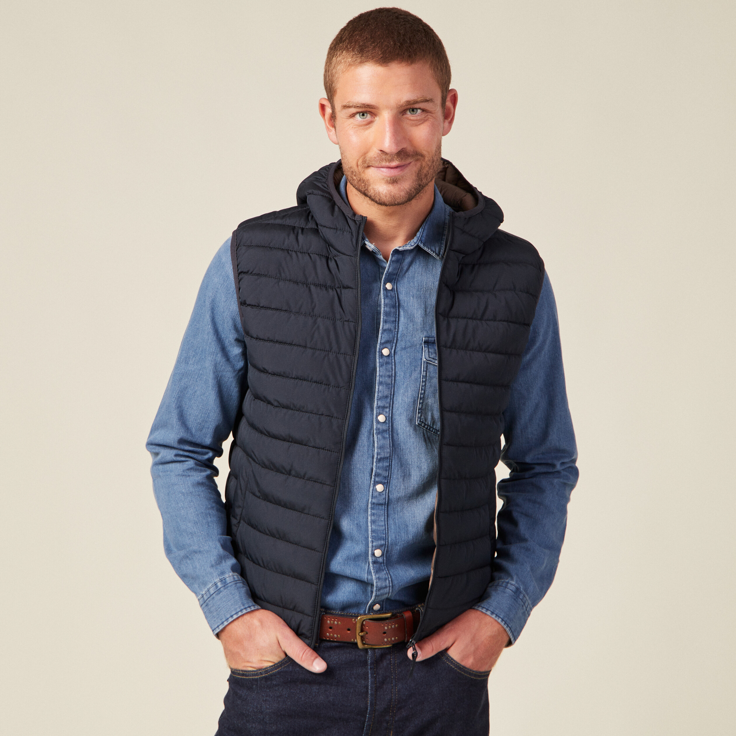 Doudoune droite à capuche bleu marine homme