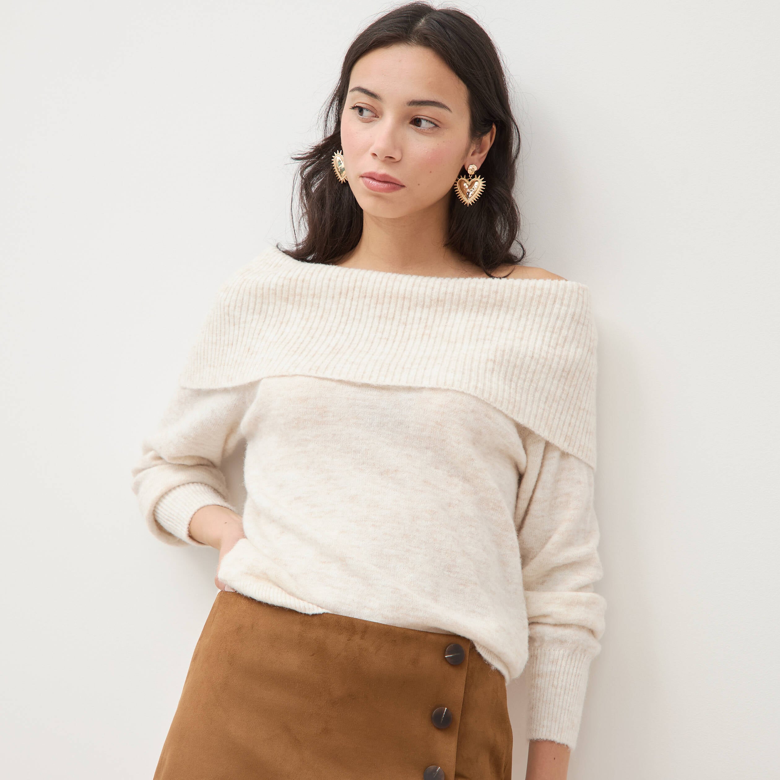 Pull droit manches longues bardot ecru femme