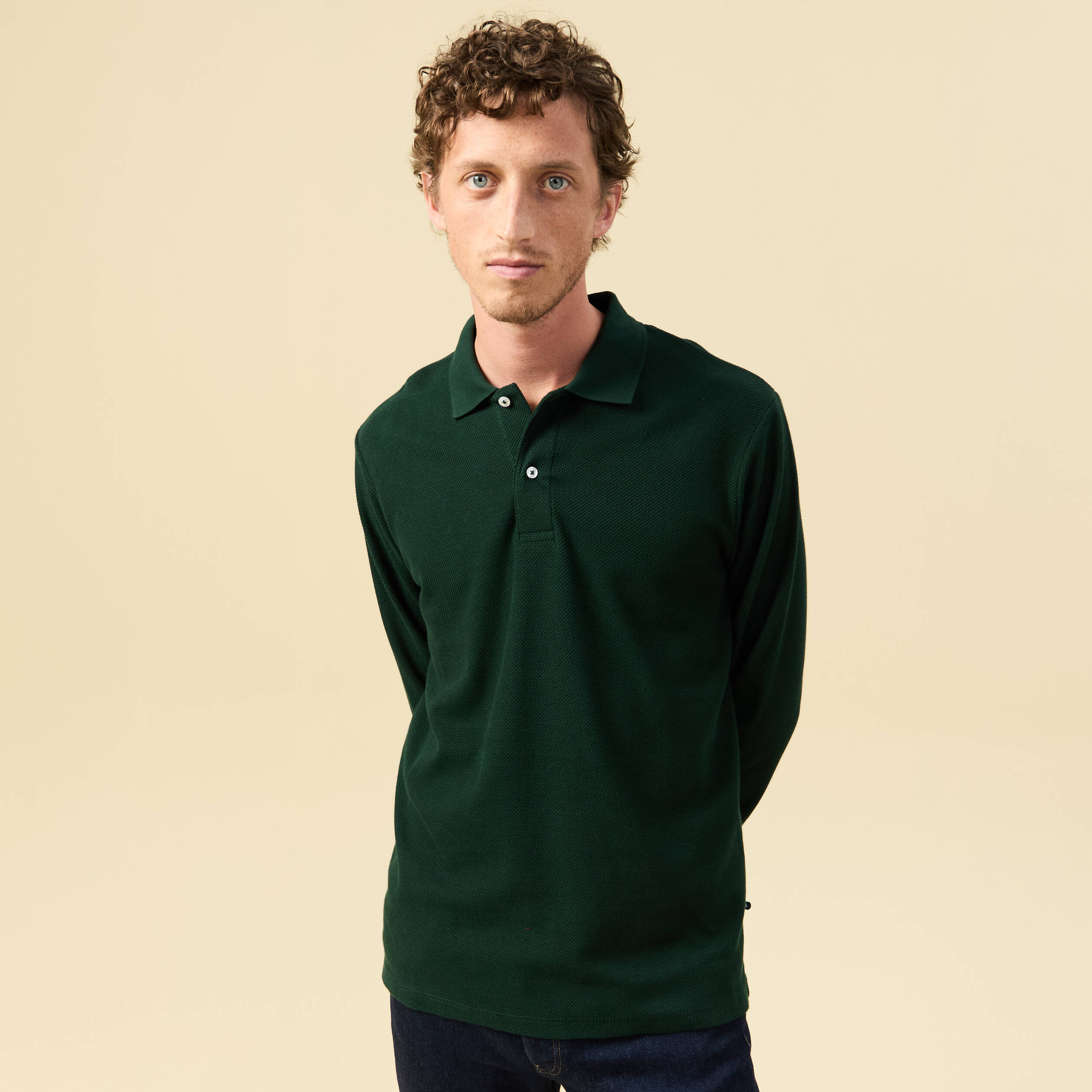 Polo manches longues en coton vert fonc&eacute; homme