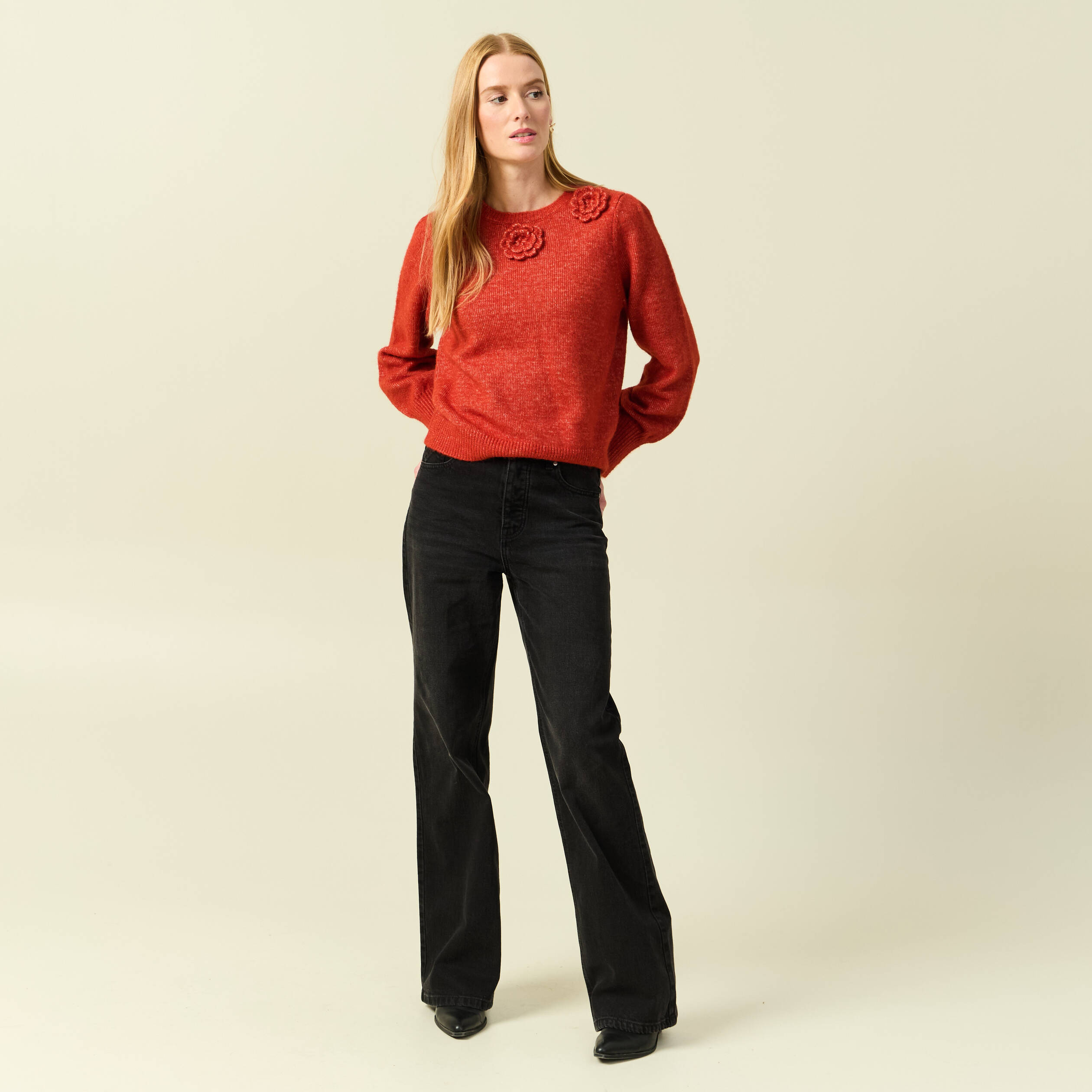 Pull manches longues col rond rouge fonc&eacute; femme
