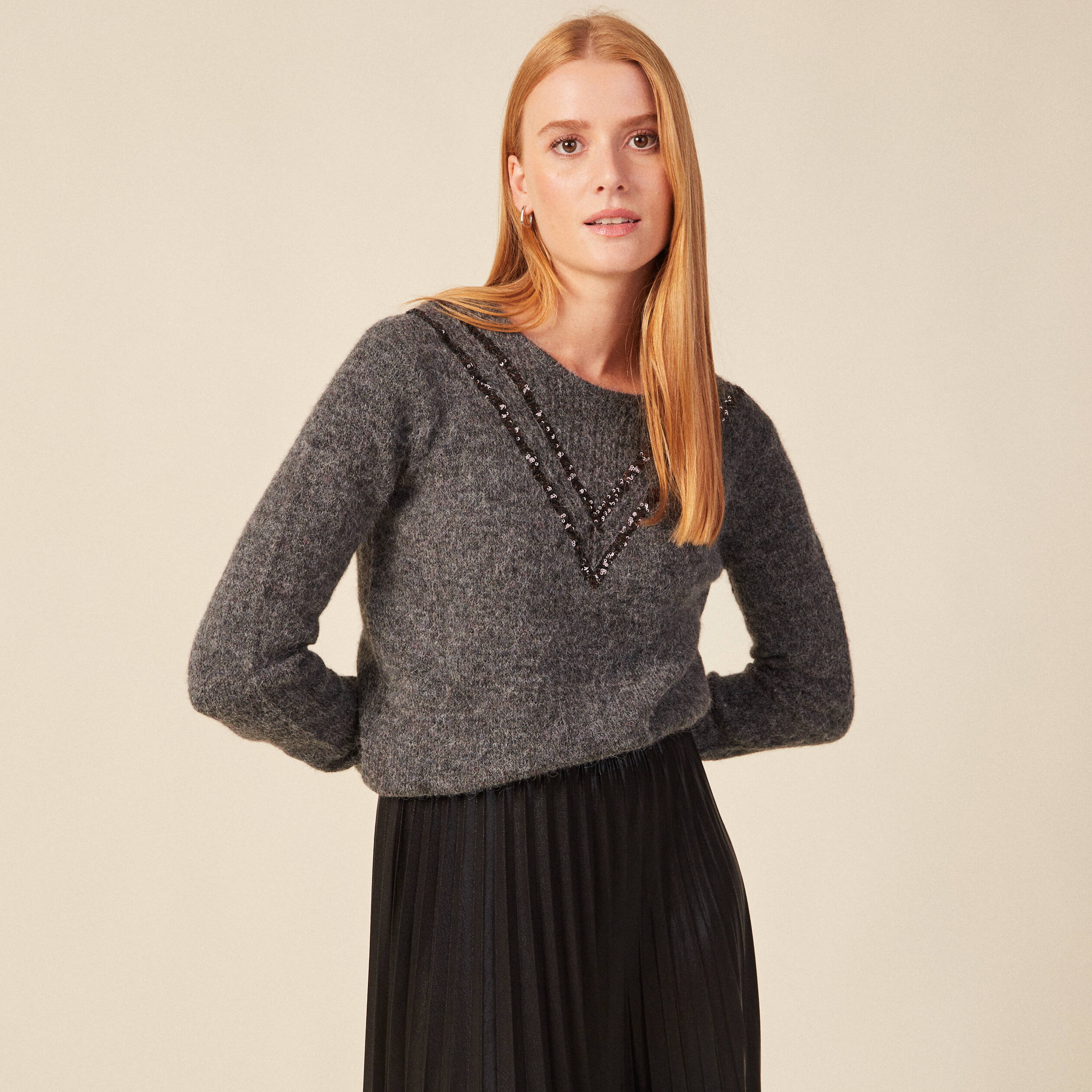 Pull manches longues gris femme