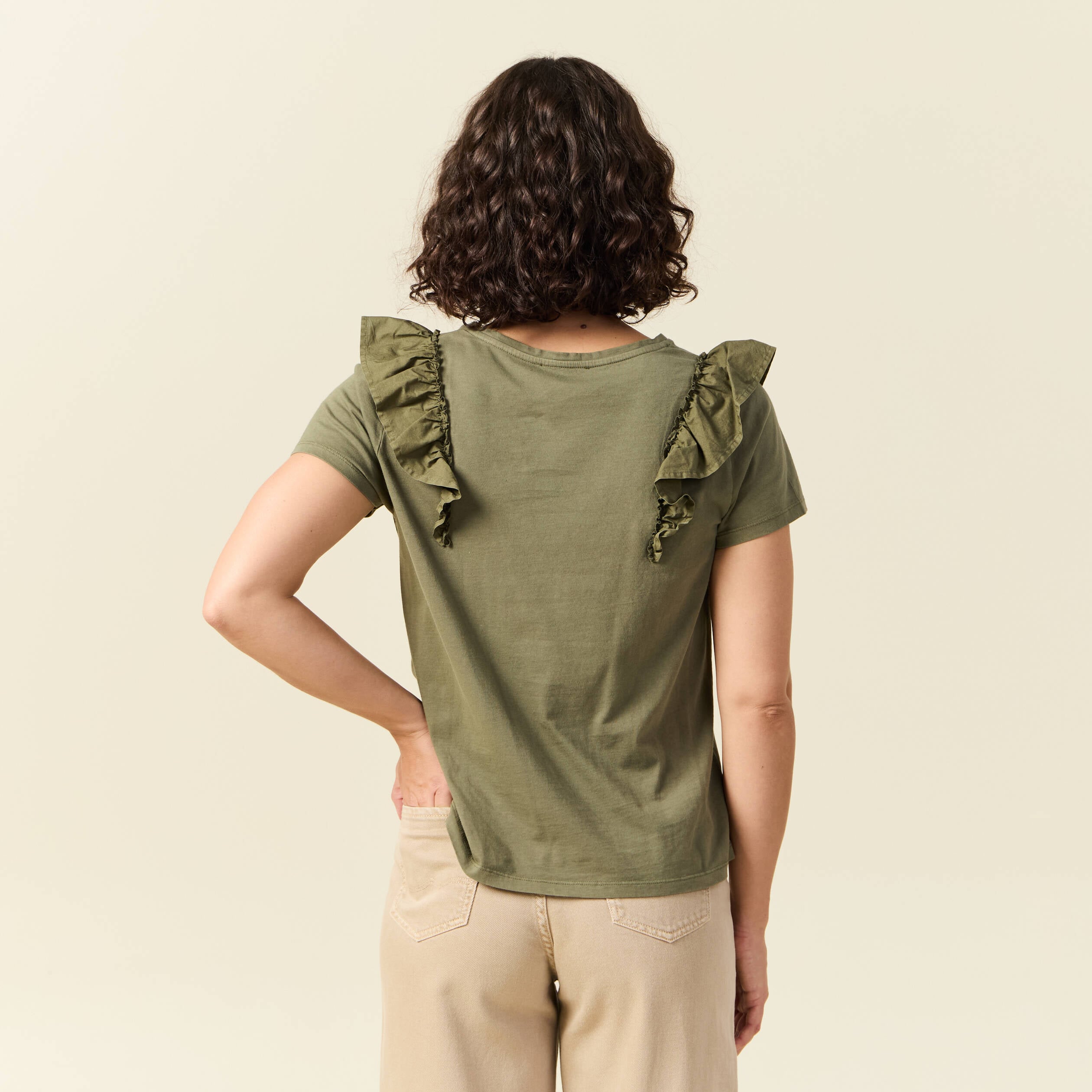 T-shirt en coton manches courtes vert kaki femme