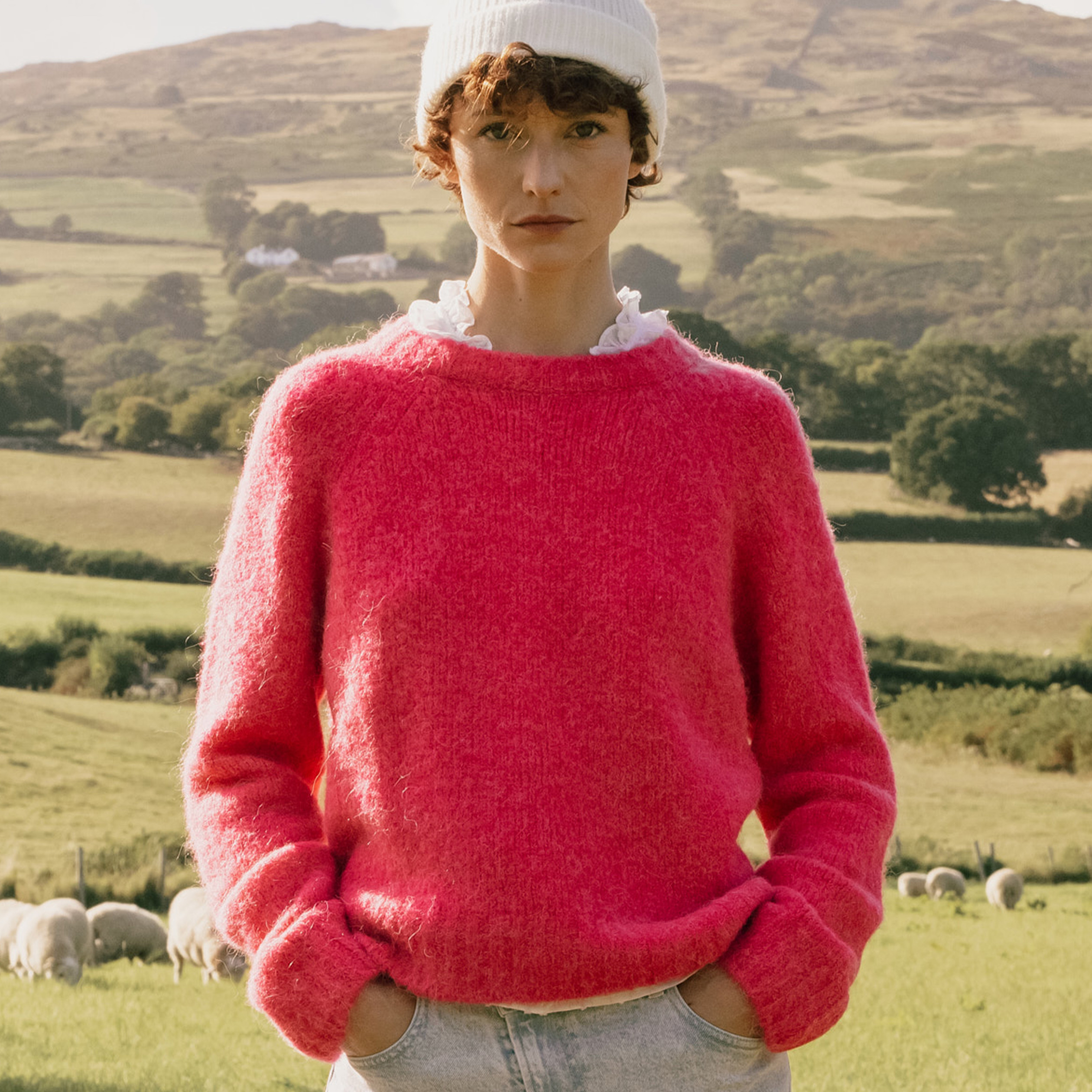 Pull manches longues col rond rose femme