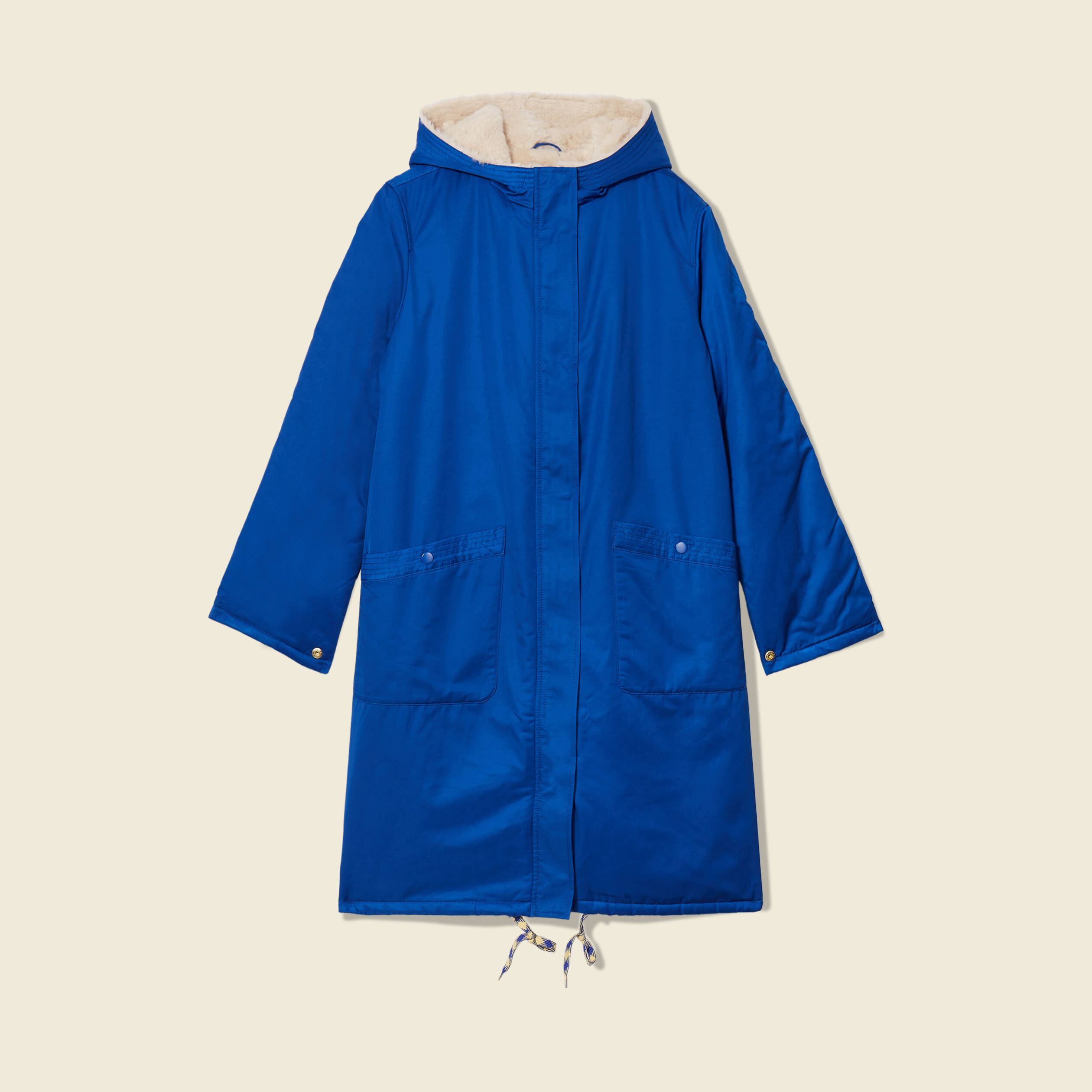 Parka droite &agrave; capuche doubl&eacute;e bleu electrique femme