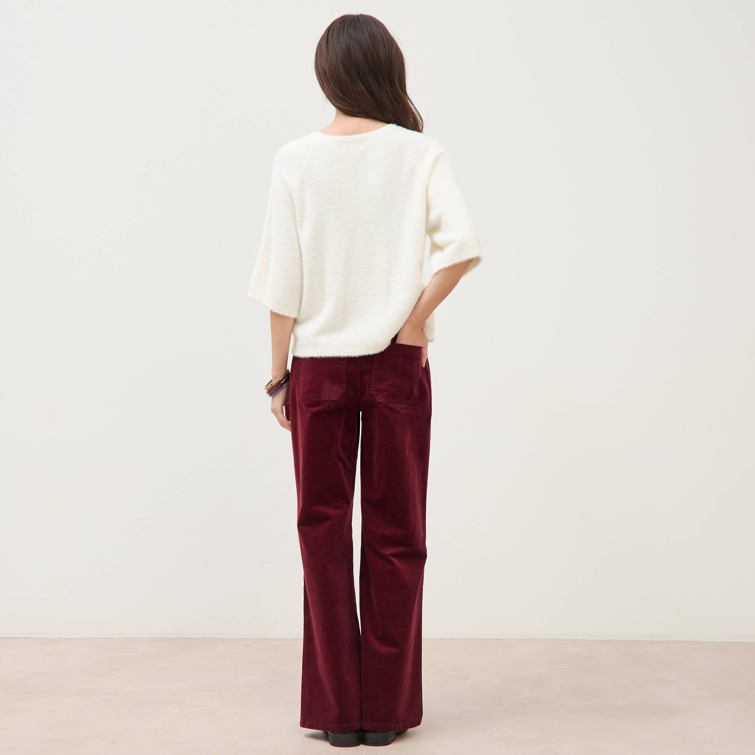 Pull droit manches 3/4 col rond ecru femme