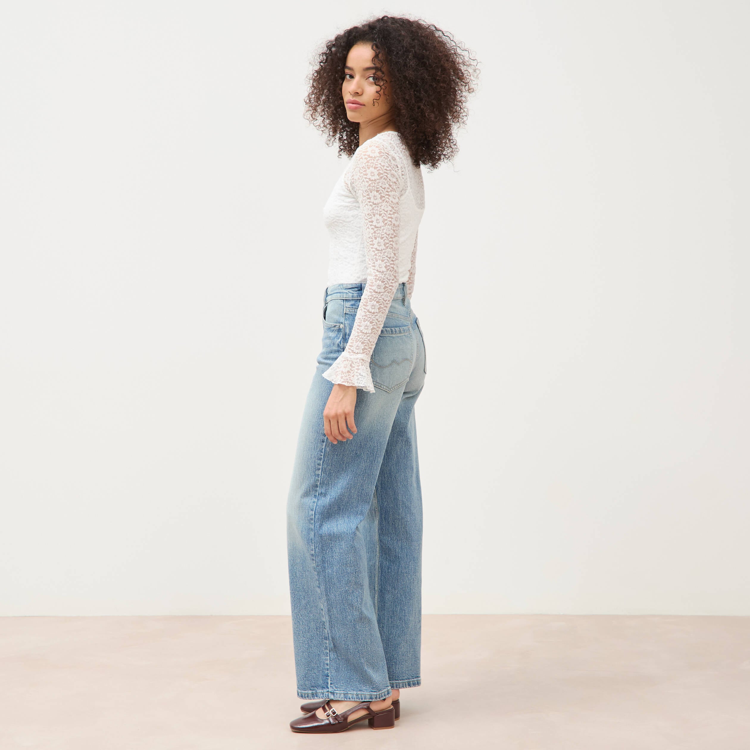 Jeans large taille haute bleu femme