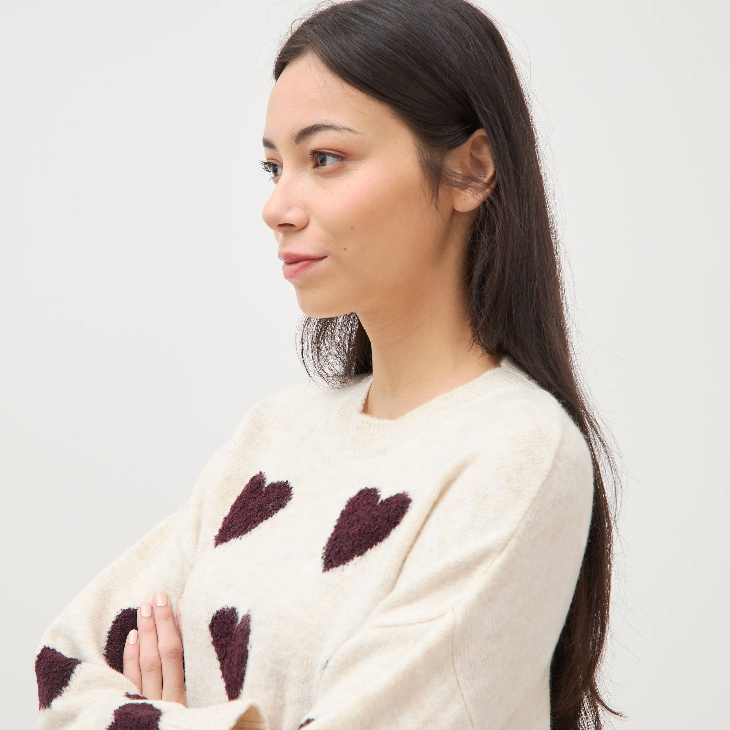 Pull manches longues bouclette col rond prune femme