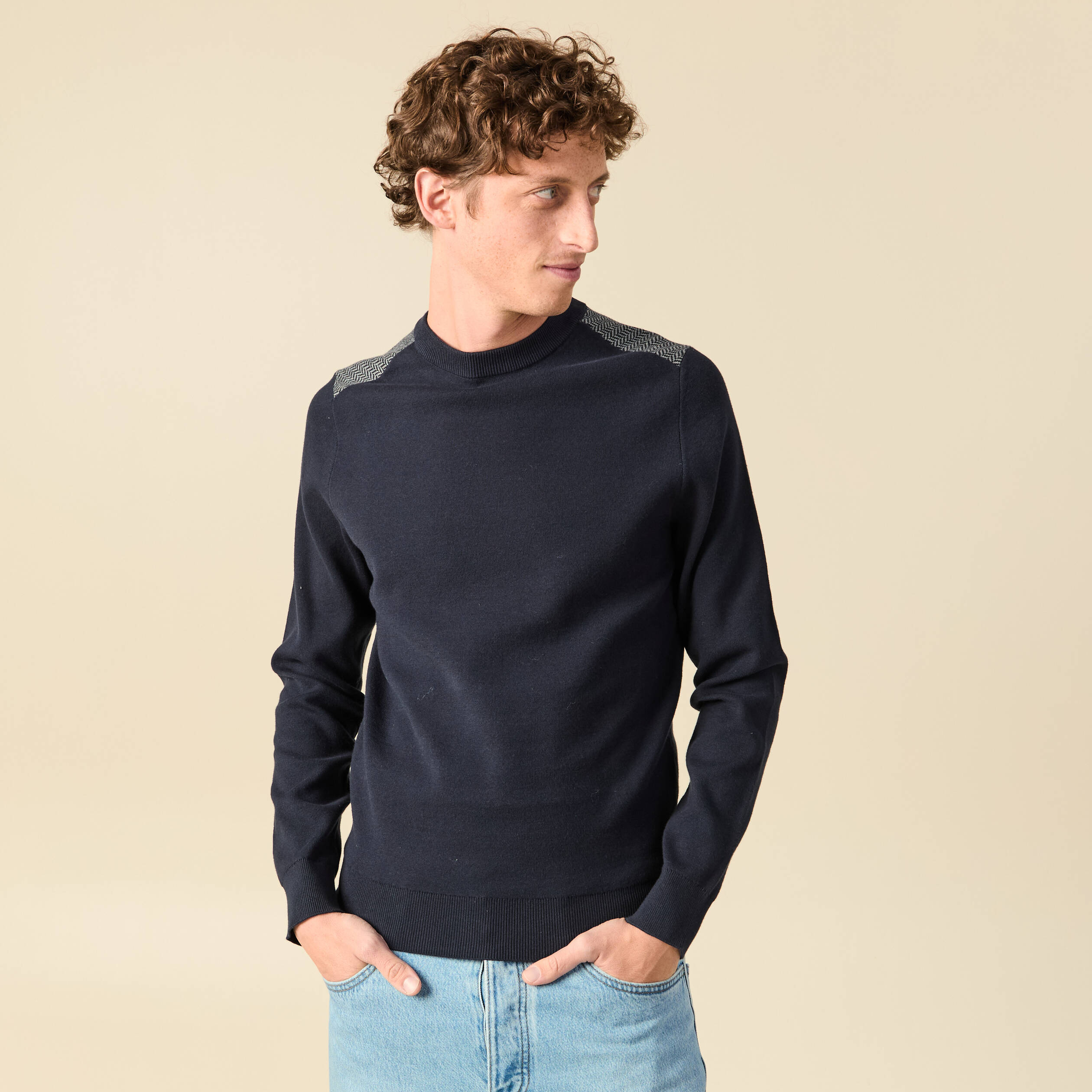 Pull fin col rond manches longues bleu marine homme