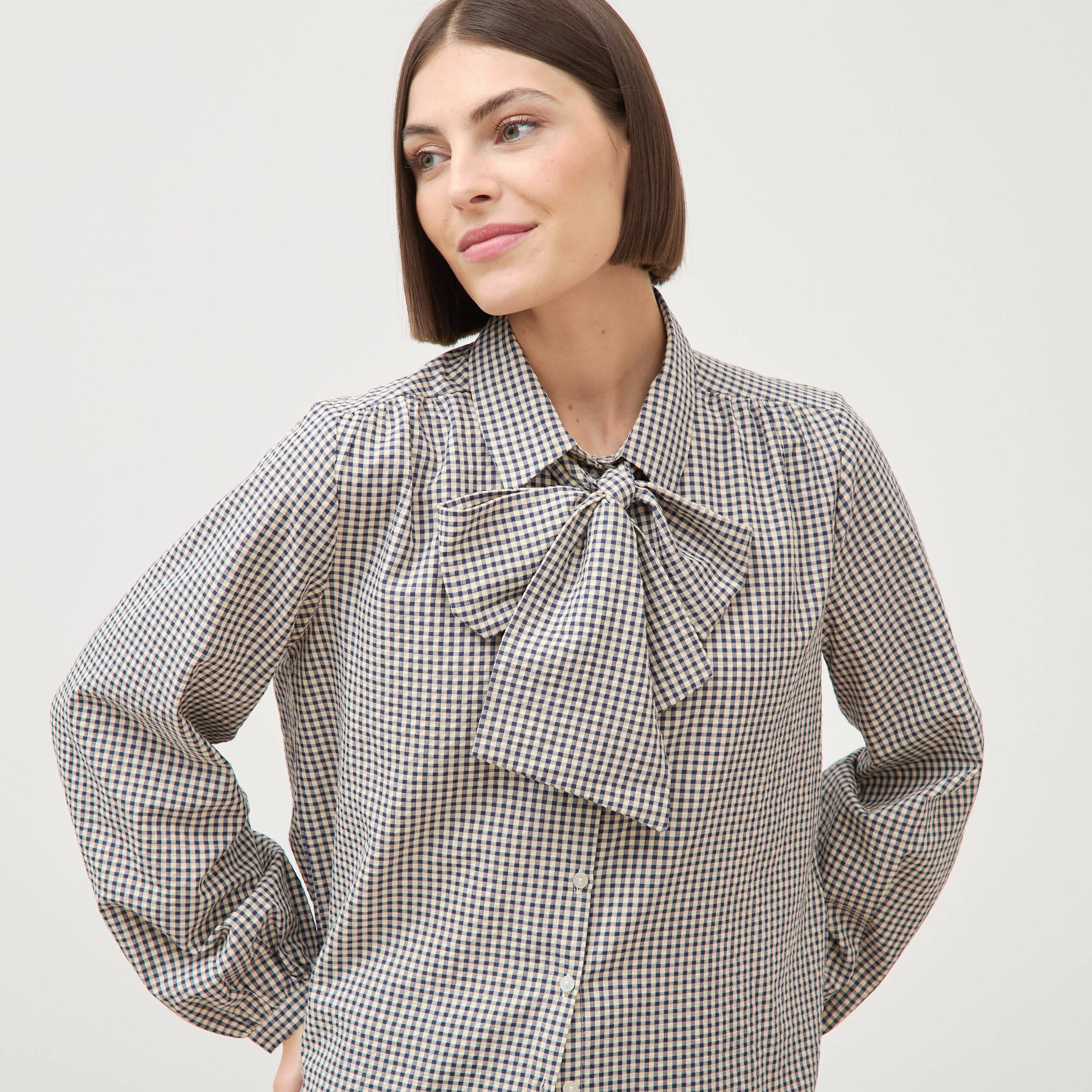 Chemise vichy droite manches longues bleu femme