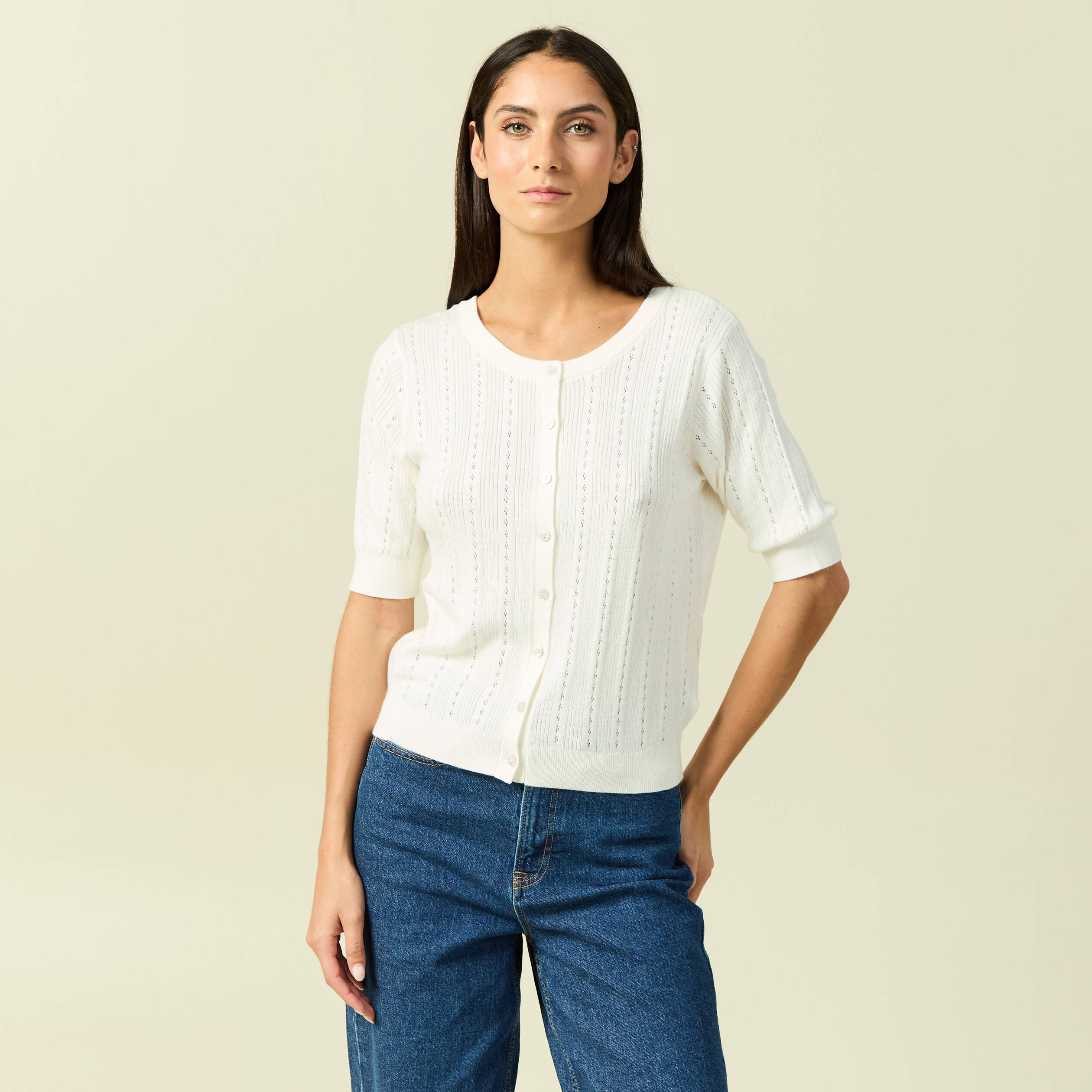 Gilet manches coude col rond ecru femme