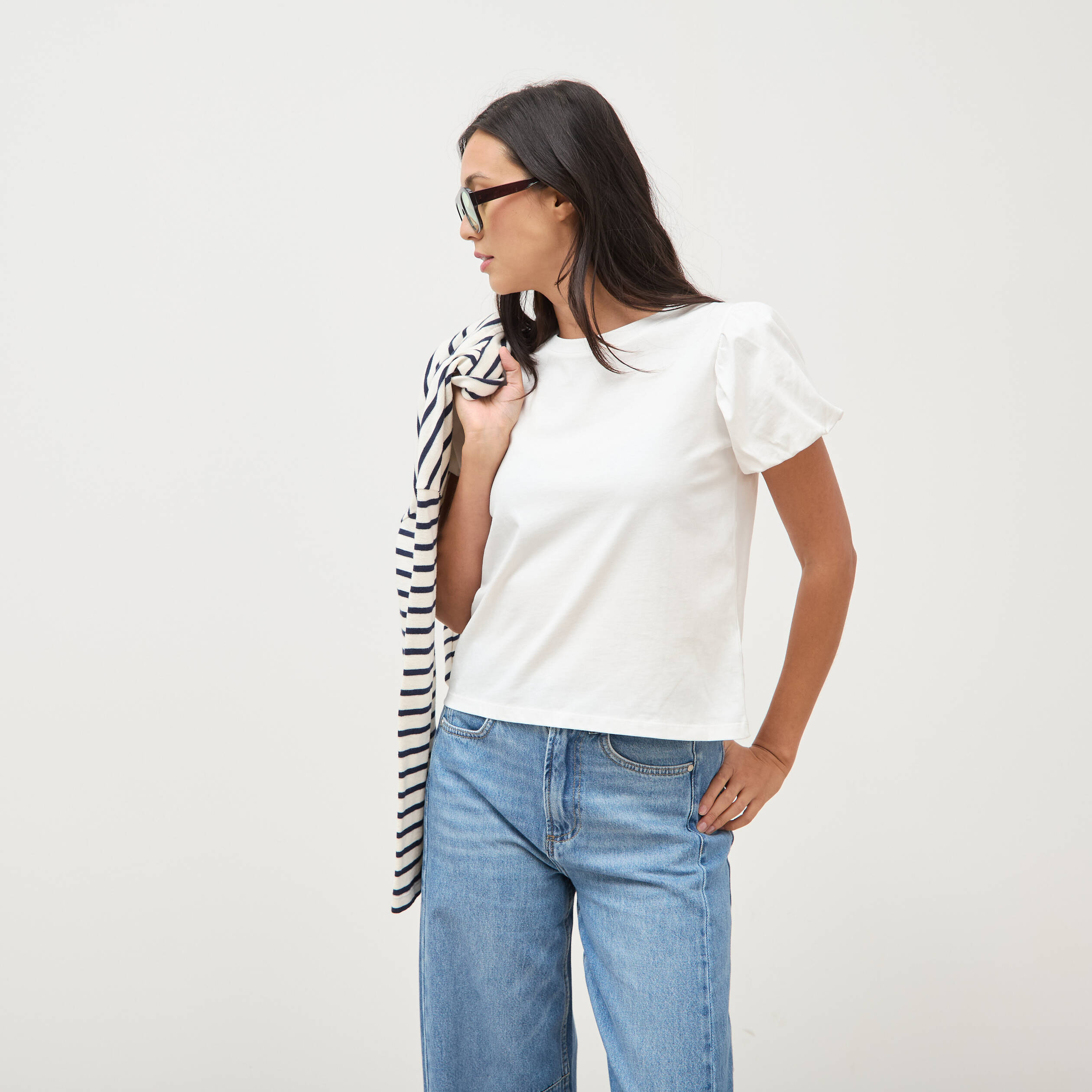 T-shirt effet boule manches courtes ecru femme