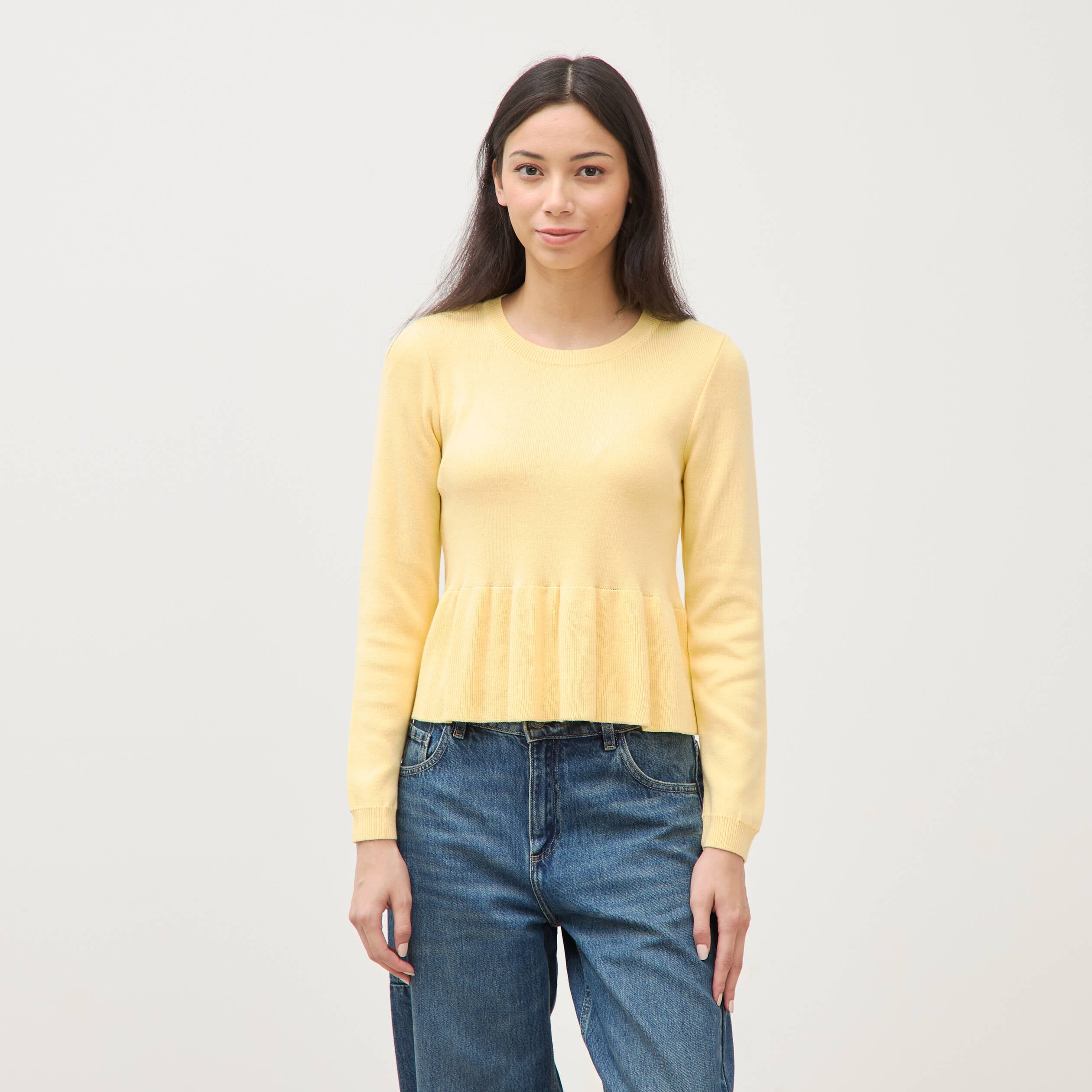 Pull col rond manches longues jaune clair femme