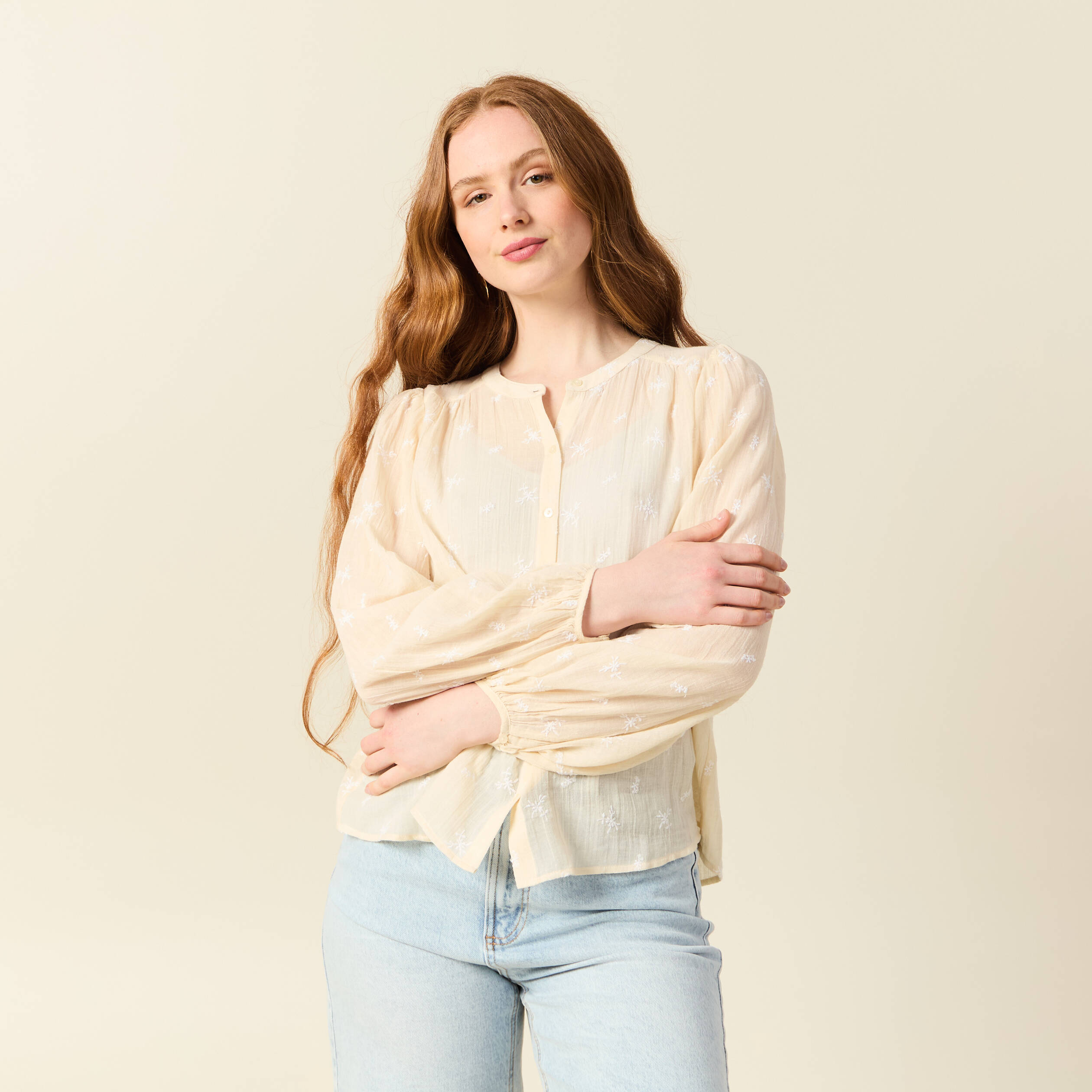 blouse manches longues brodee creme femme Blouse manches longues brodée creme femme
