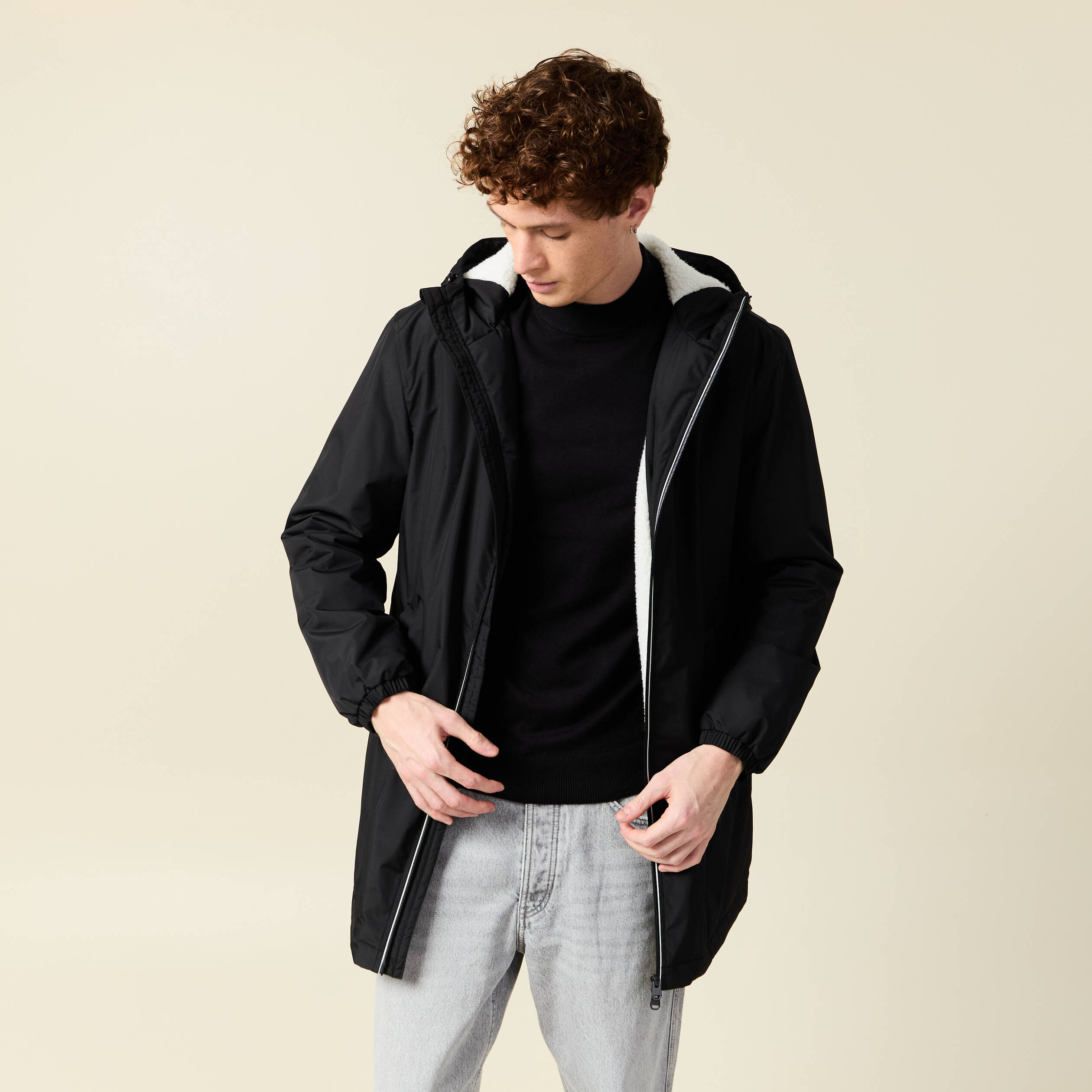 Parka longue droite à capuche noir homme